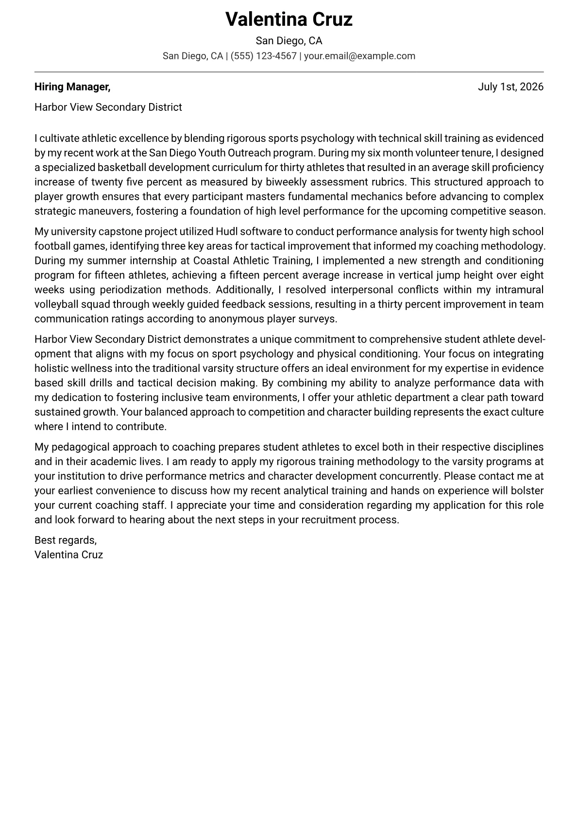 Athletic Coach High School cover letter in the Modern design