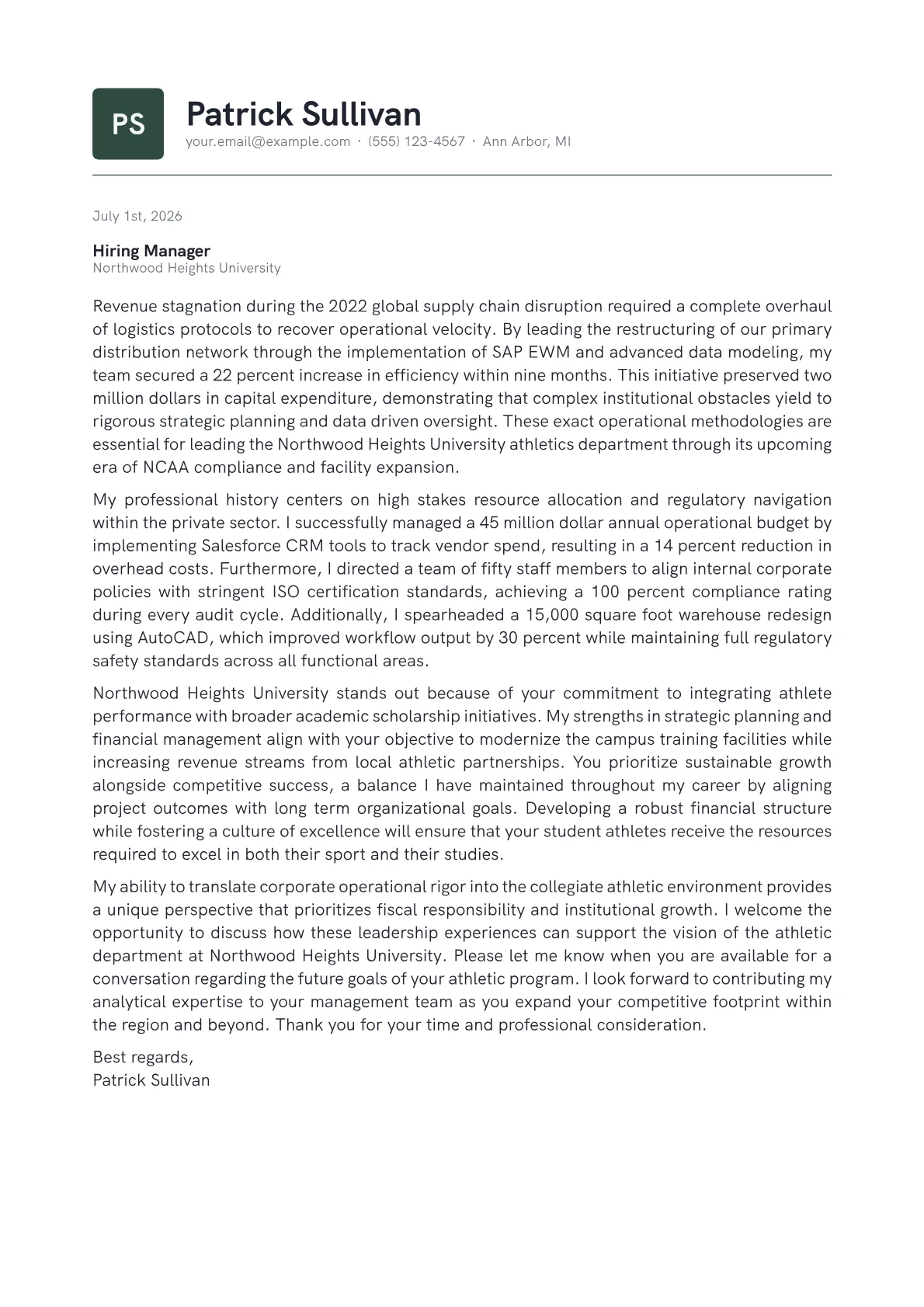 Athletic Director University cover letter in the Emblem design