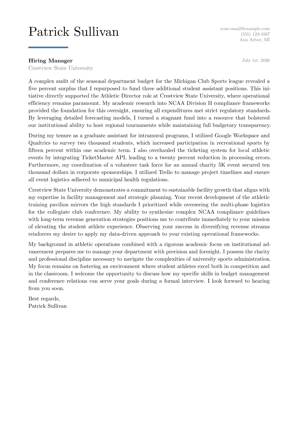 Athletic Director University cover letter in the Executive design
