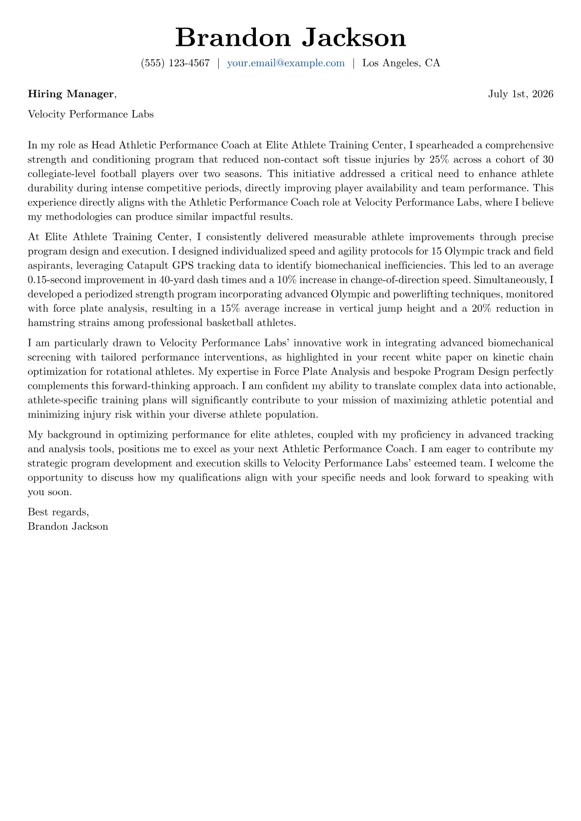 Athletic Performance Coach cover letter formatted with a JobSprout template