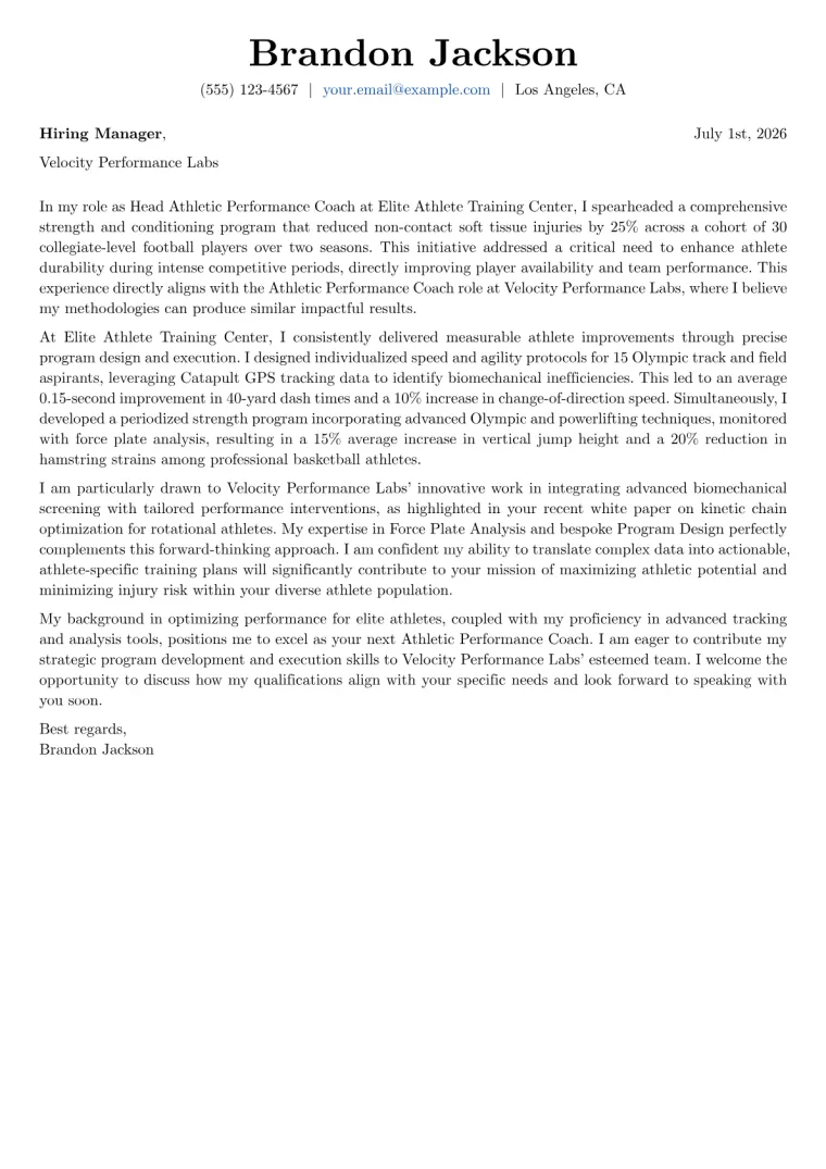Athletic Performance Coach cover letter example preview