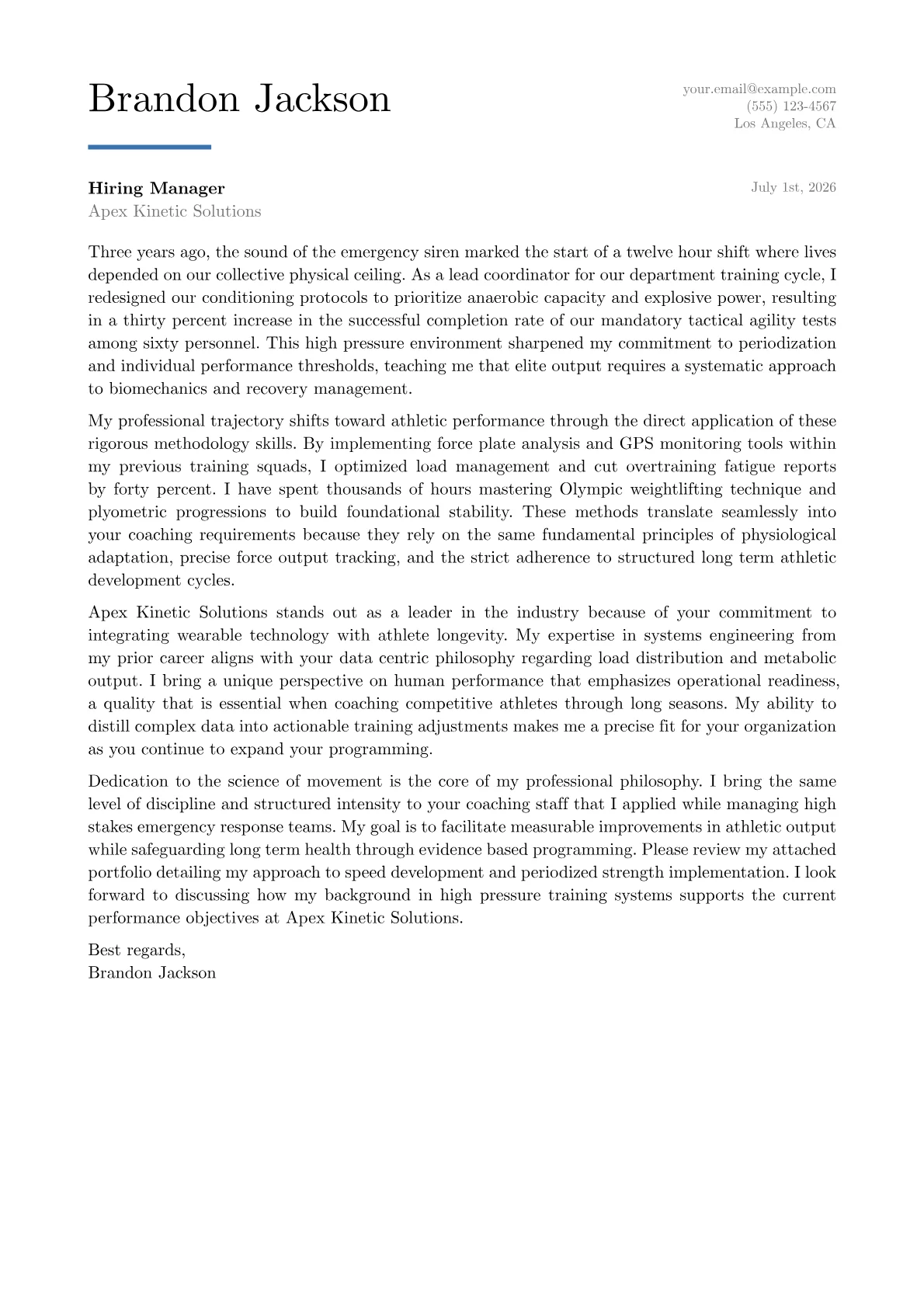 Athletic Performance Coach cover letter in the Executive design