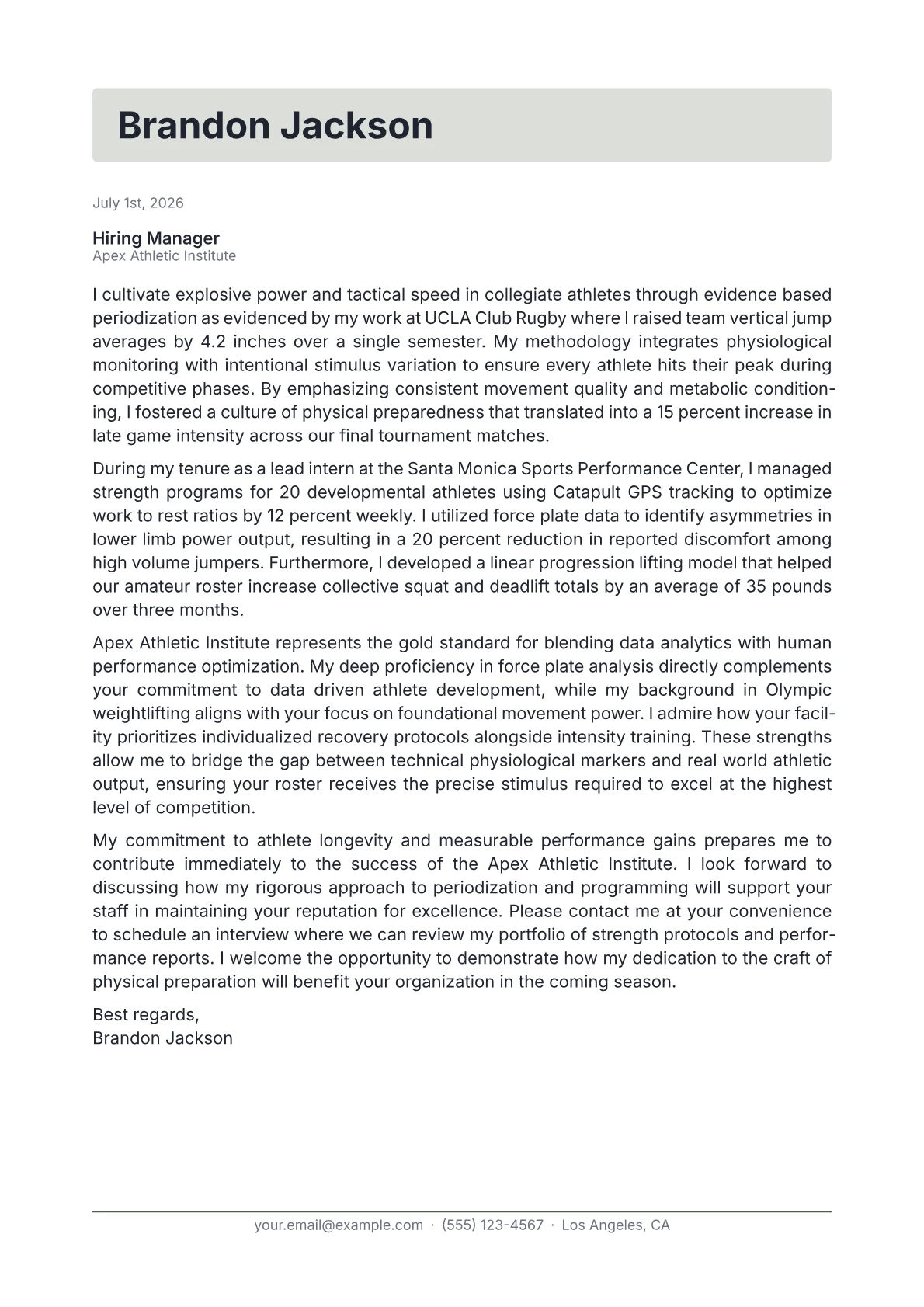 Athletic Performance Coach cover letter in the Letterhead design