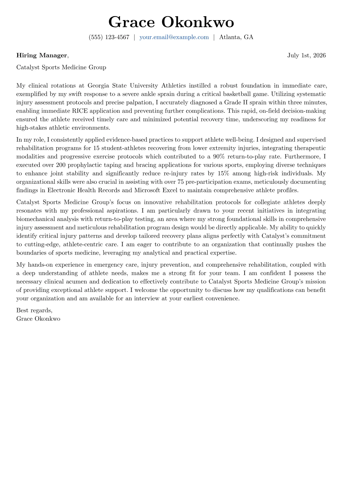 Athletic Training Student cover letter formatted with a JobSprout template