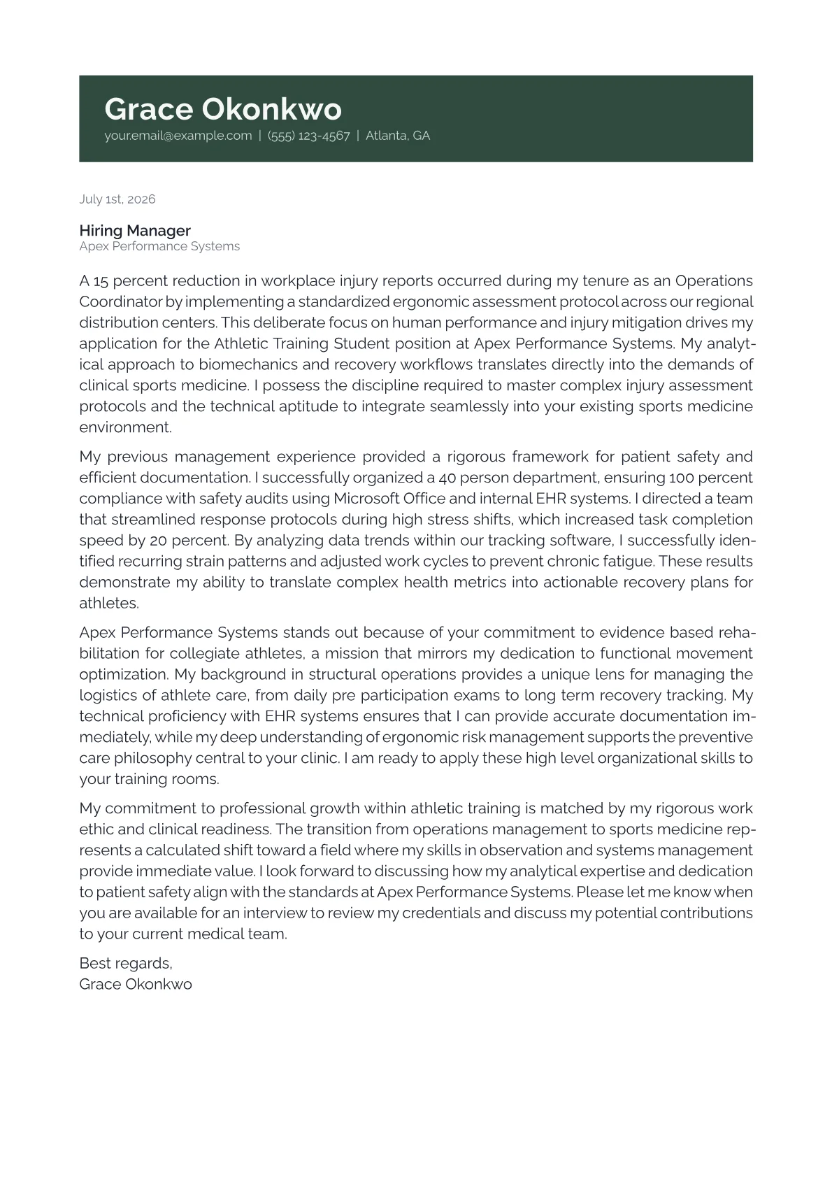Athletic Training Student cover letter in the Banner design