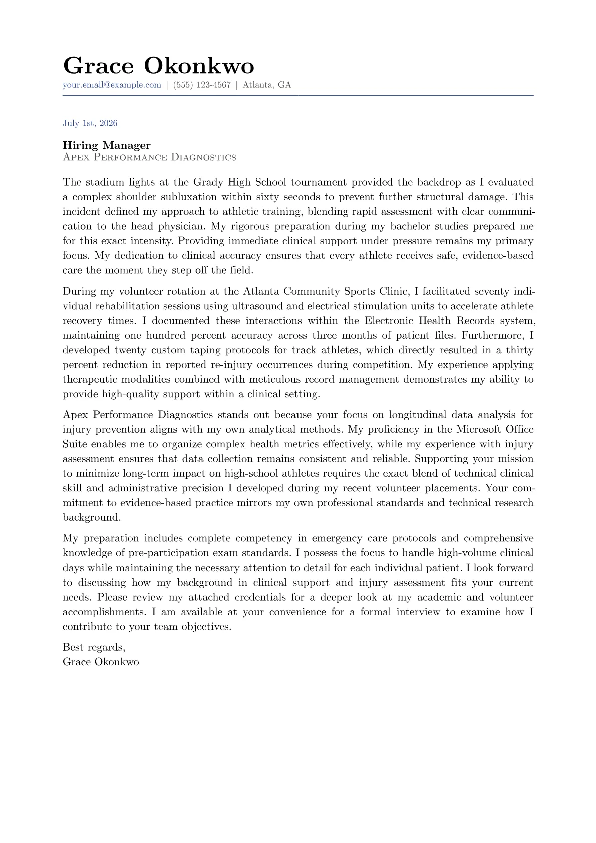 Athletic Training Student cover letter in the Classic design