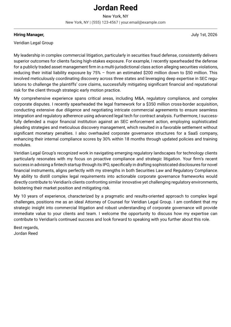Attorney of Counsel cover letter example preview
