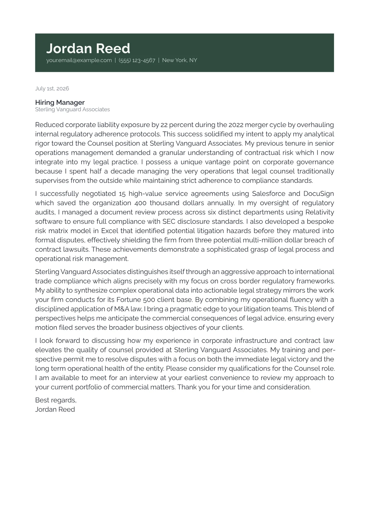 Attorney of Counsel cover letter in the Banner design
