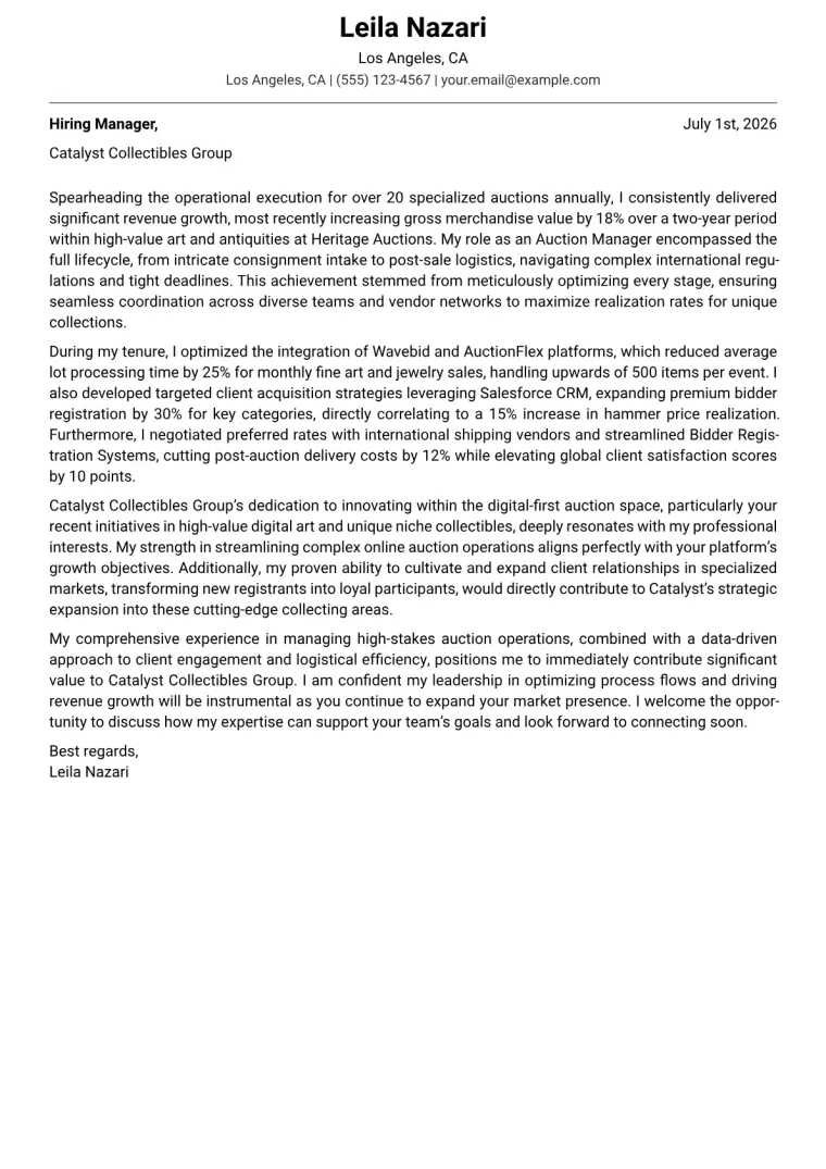 Auction Manager cover letter example preview
