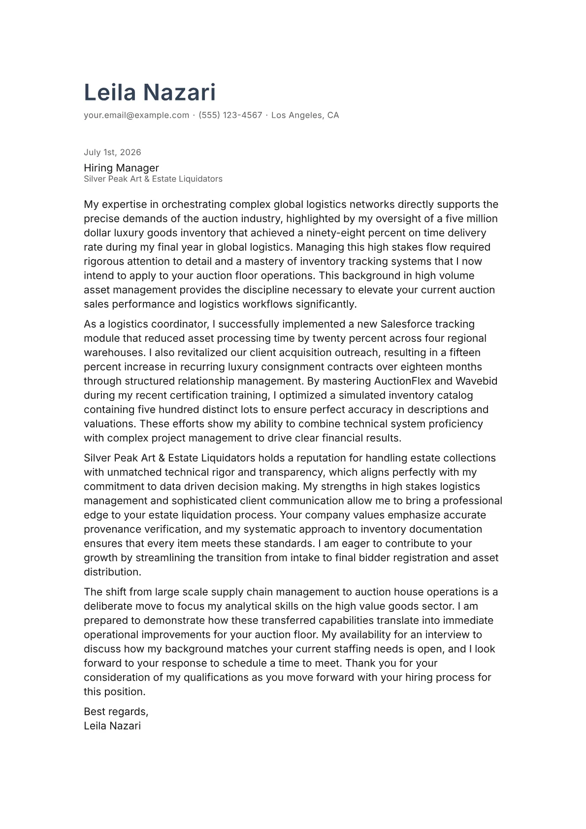 Auction Manager cover letter in the Minimal design