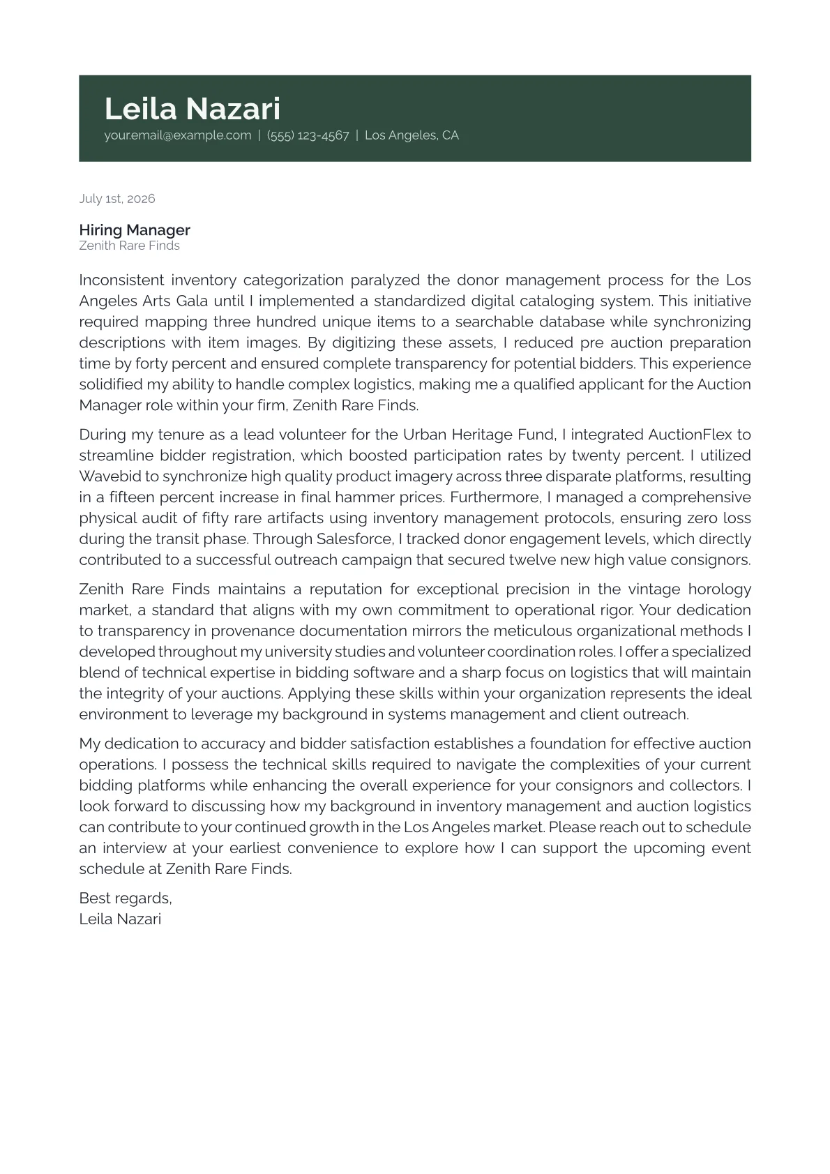 Auction Manager cover letter in the Banner design