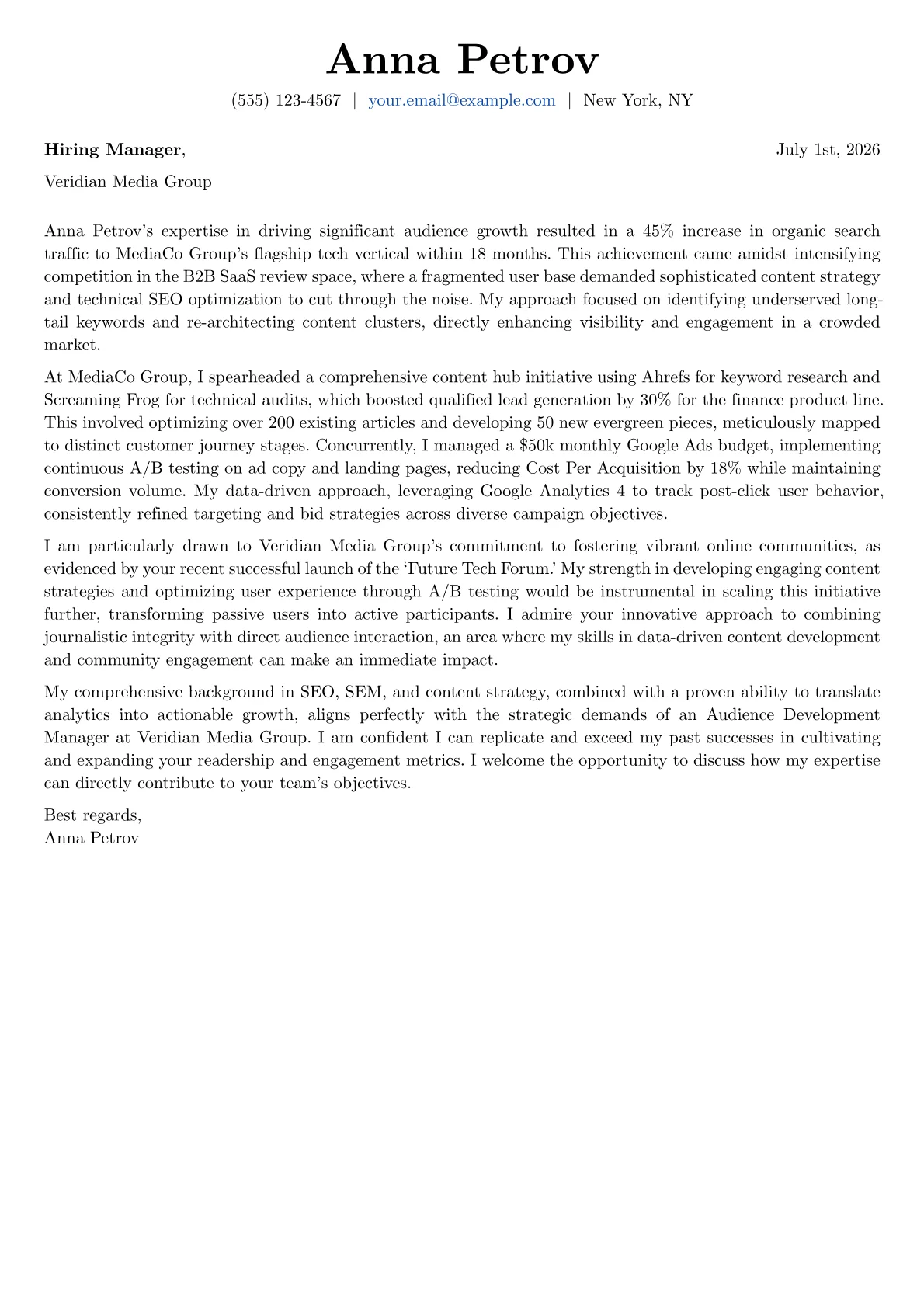 Audience Development Manager cover letter formatted with a JobSprout template