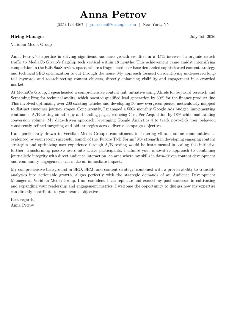 Audience Development Manager cover letter example preview