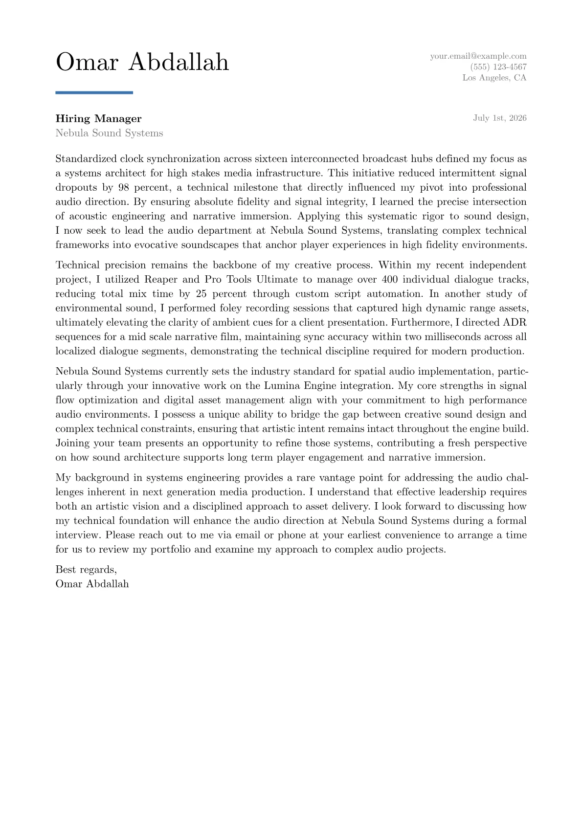 Audio Director cover letter in the Executive design