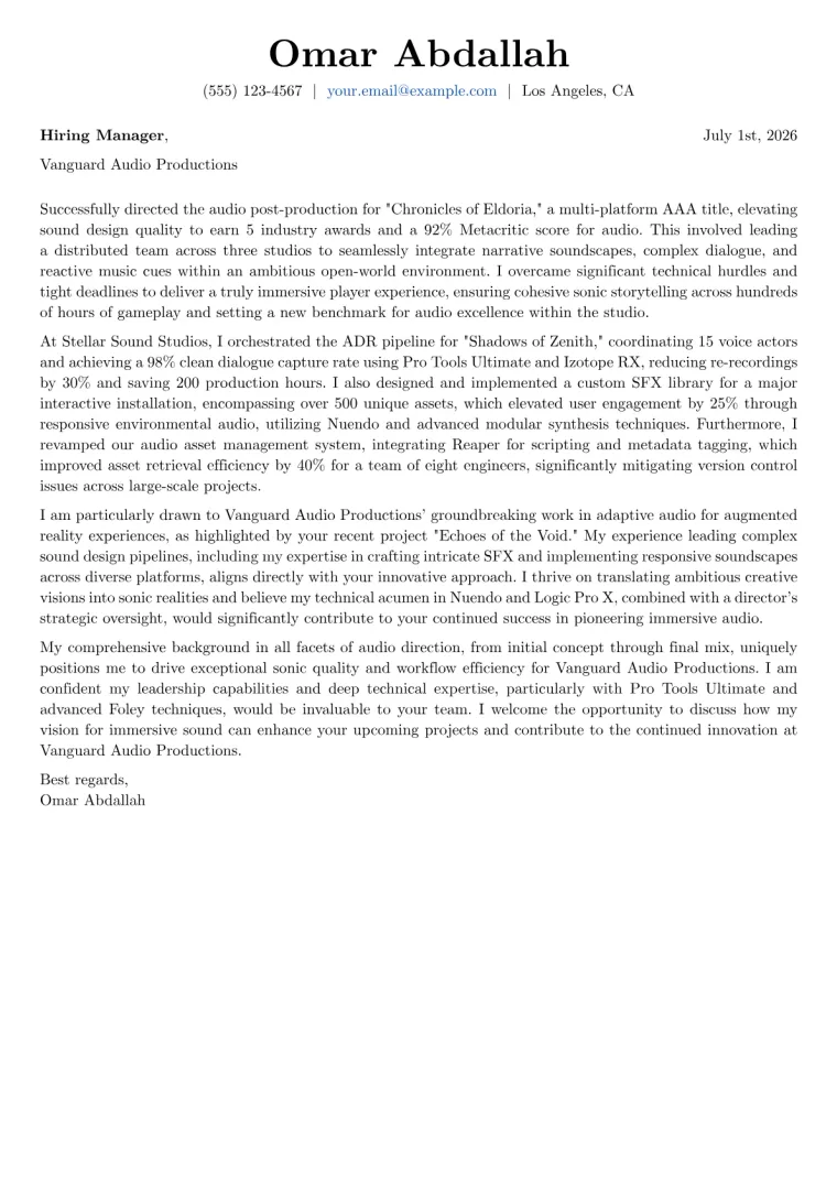 Audio Director Cover Letter Example