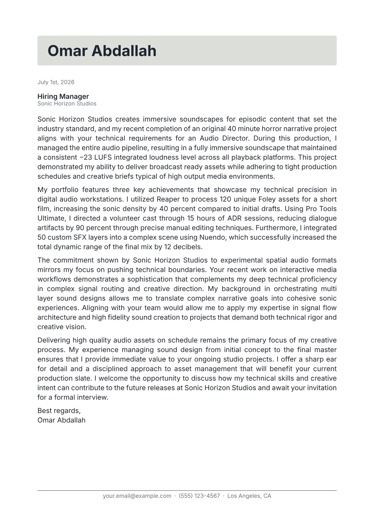 Audio Director cover letter in the Letterhead design