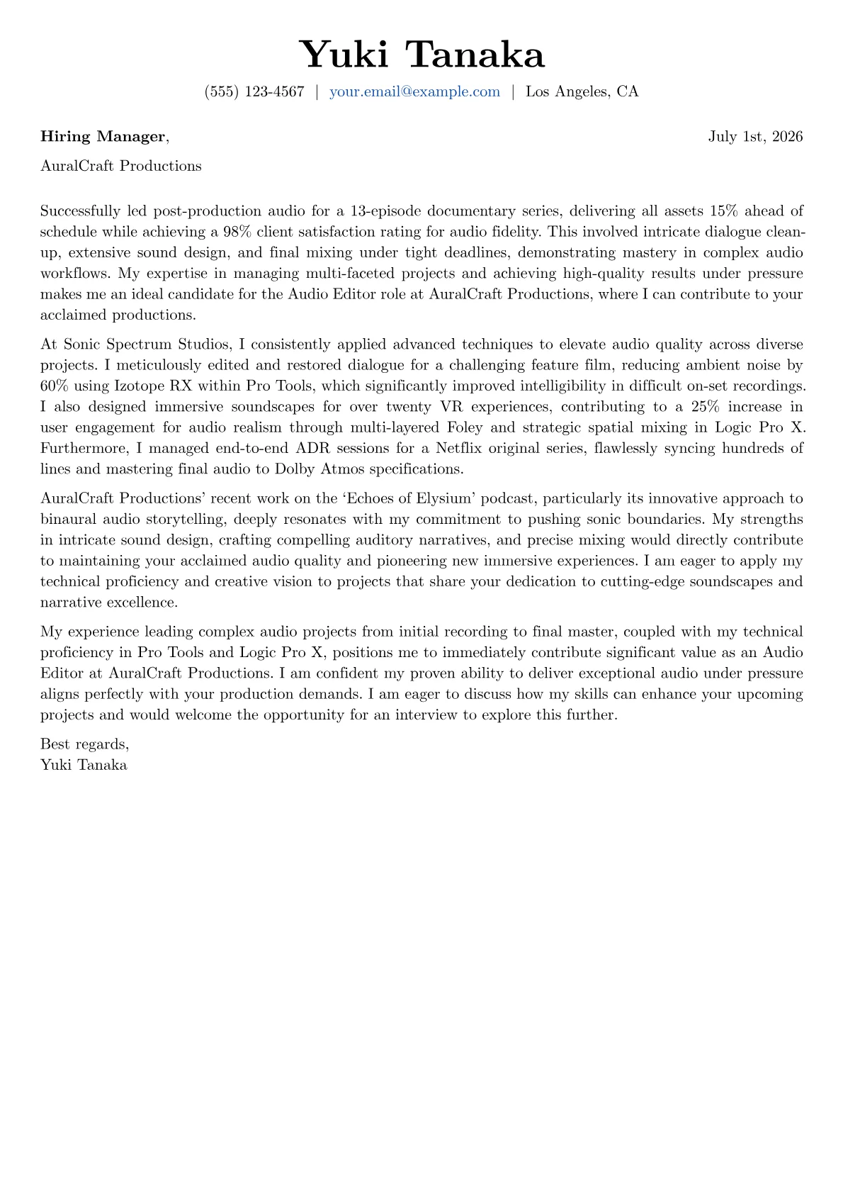Audio Editor cover letter formatted with a JobSprout template