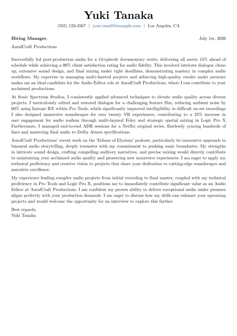 Audio Editor cover letter example preview