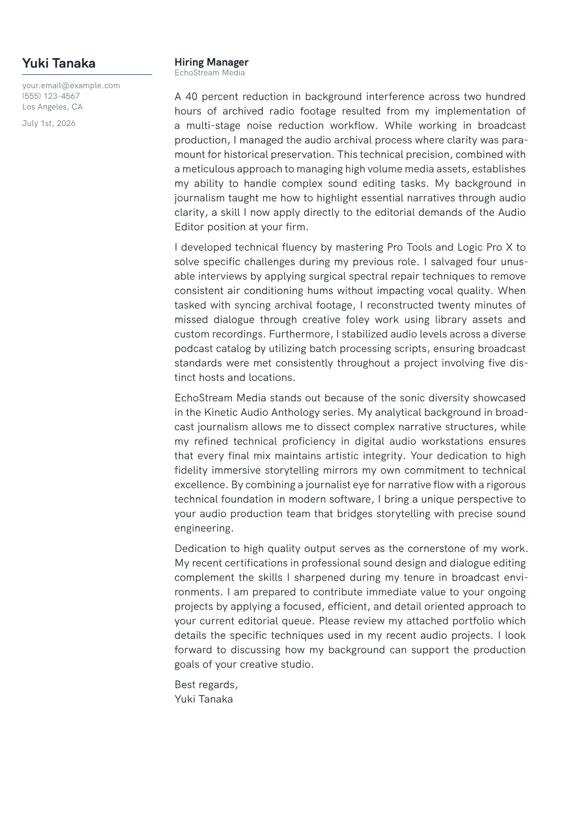 Audio Editor cover letter in the Margin design