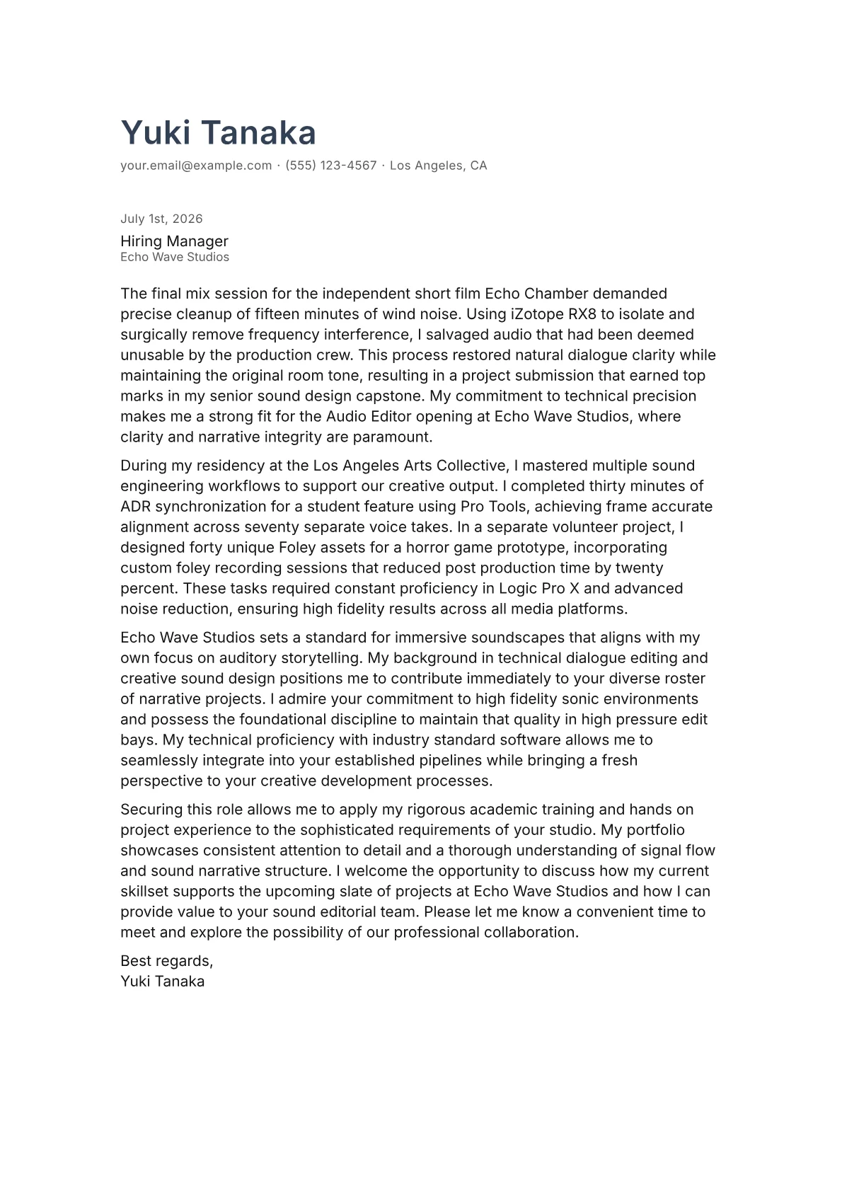 Audio Editor cover letter in the Minimal design