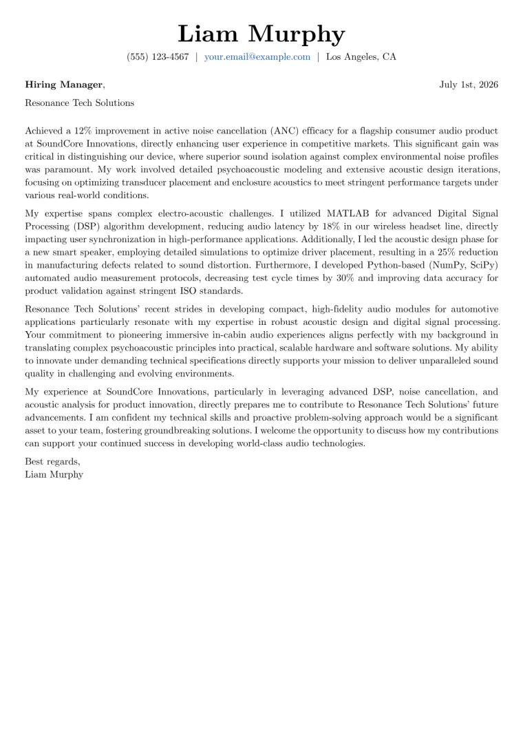 Audio Engineer cover letter example