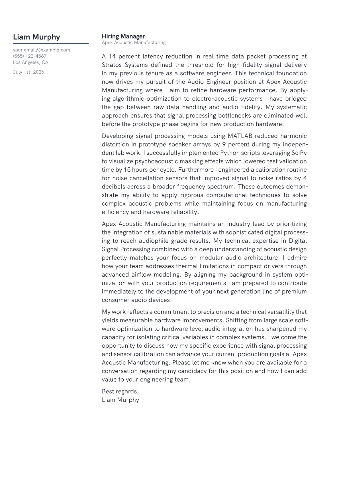 Audio Engineer cover letter in the Margin design