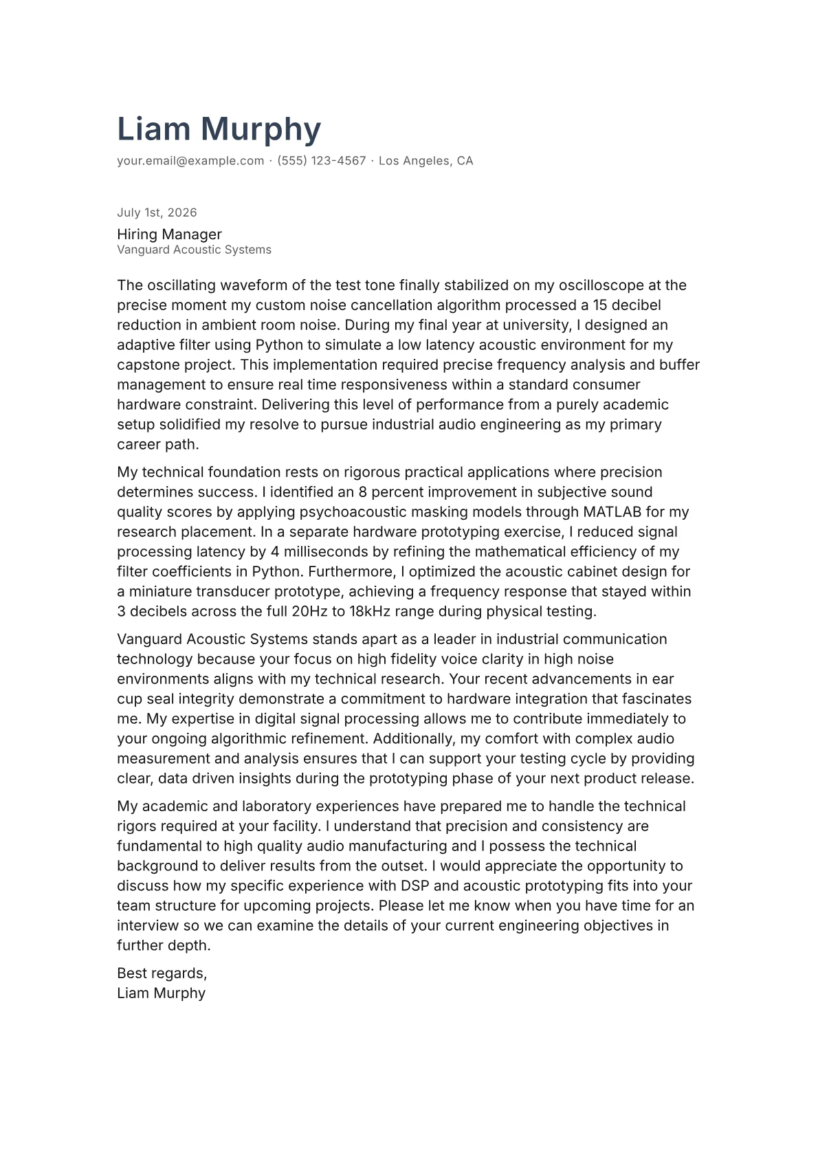 Audio Engineer cover letter in the Minimal design