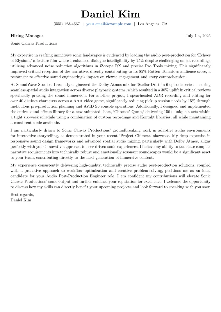 Audio Post-Production Engineer cover letter example