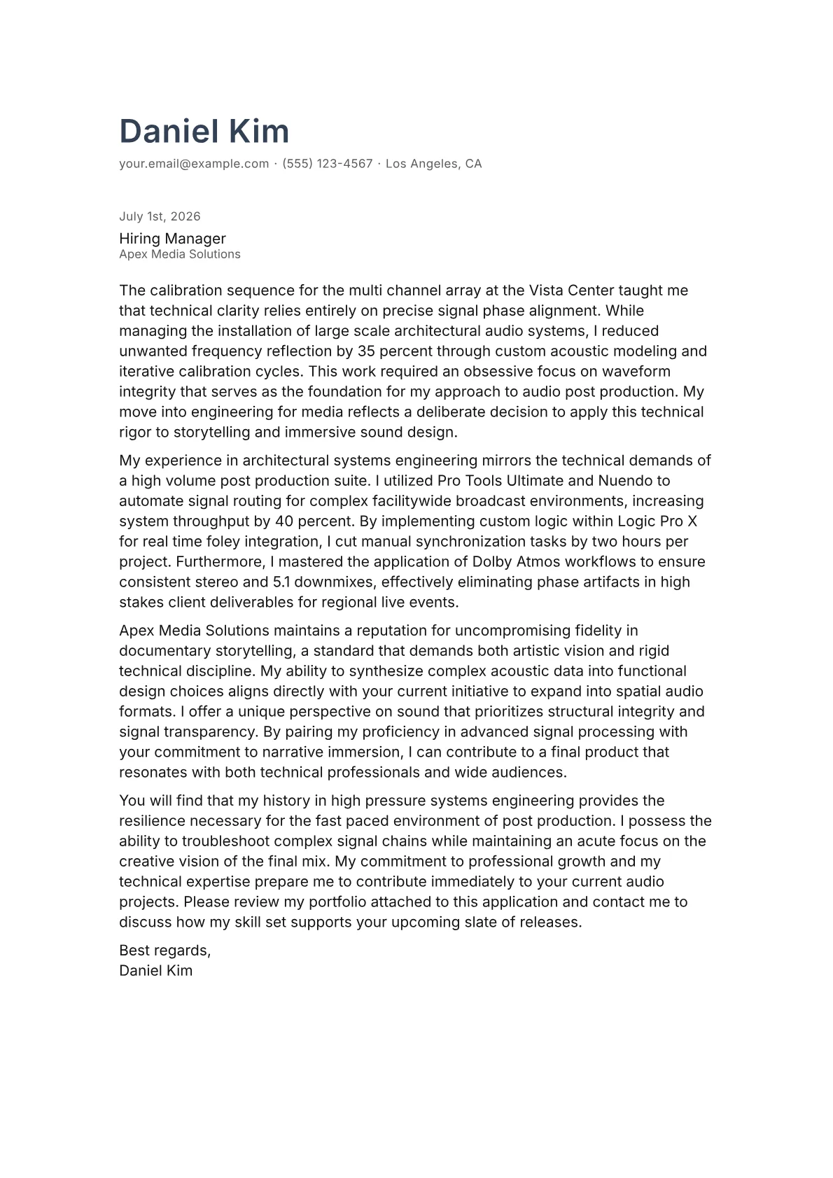 Audio Post-Production Engineer cover letter in the Minimal design