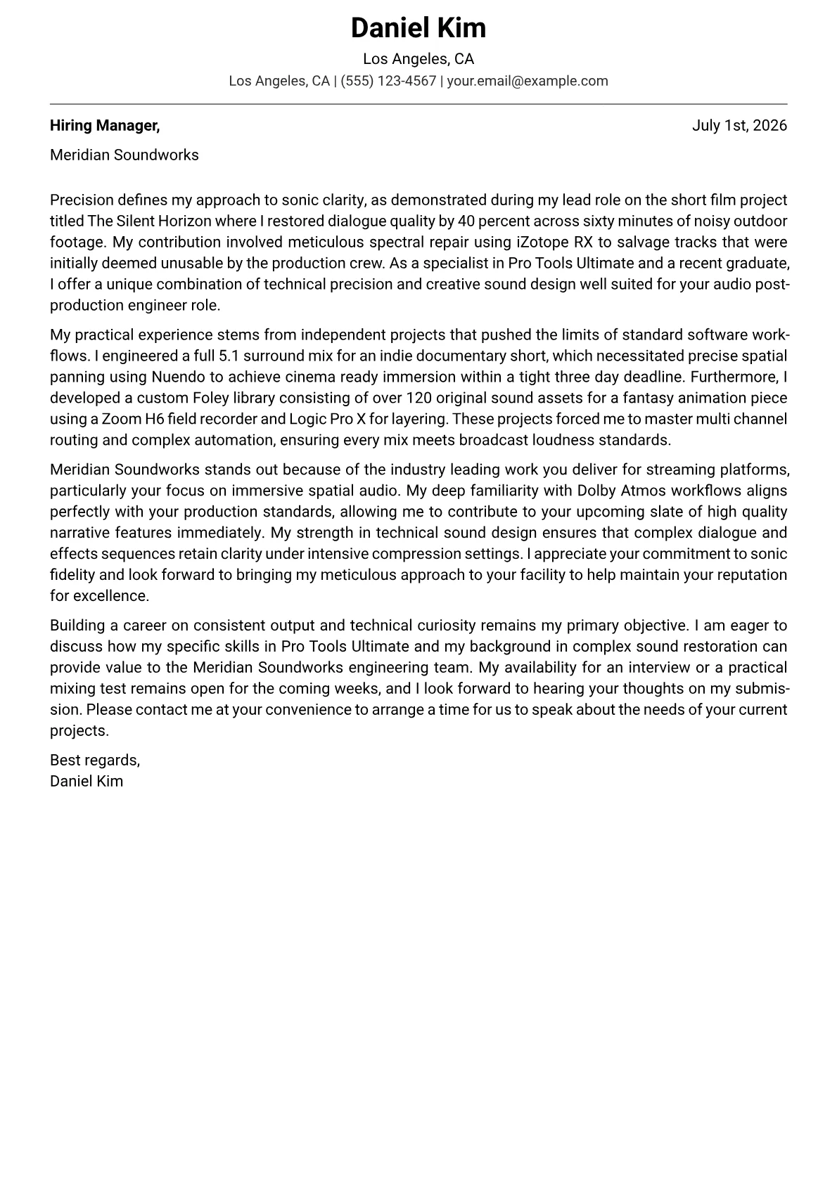 Audio Post-Production Engineer cover letter in the Modern design