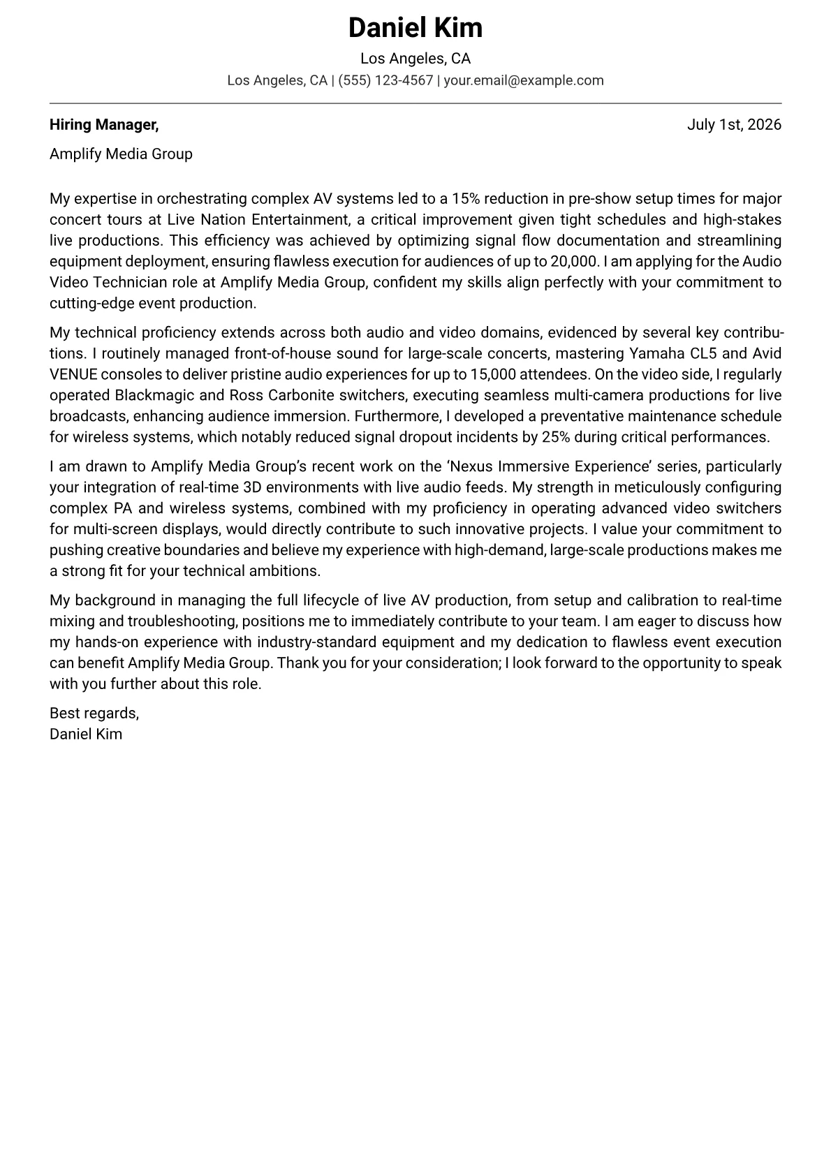 Audio Video Technician cover letter formatted with a JobSprout template