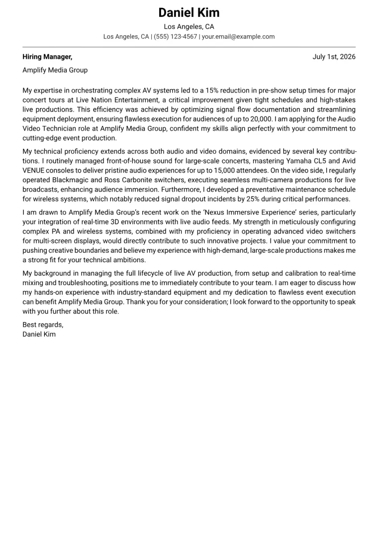 Audio Video Technician cover letter example preview