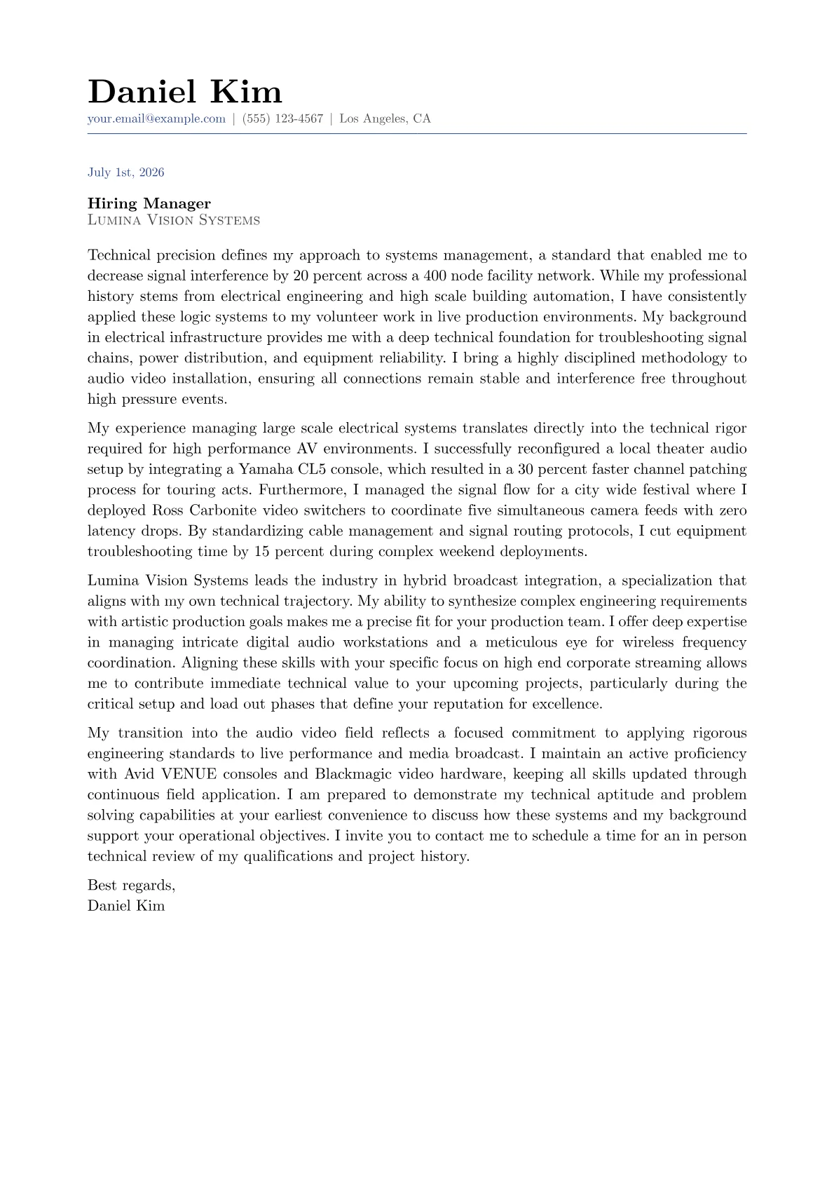 Audio Video Technician cover letter in the Classic design
