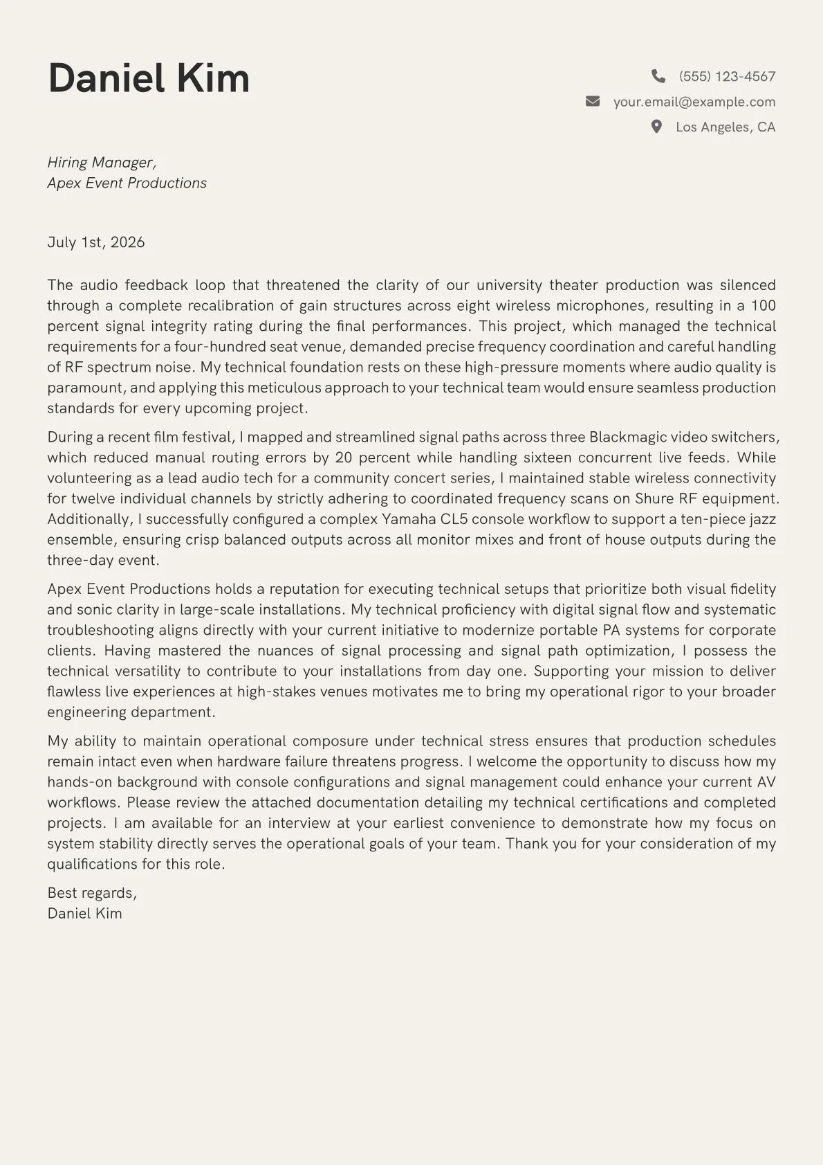 Audio Video Technician cover letter in the Creative design