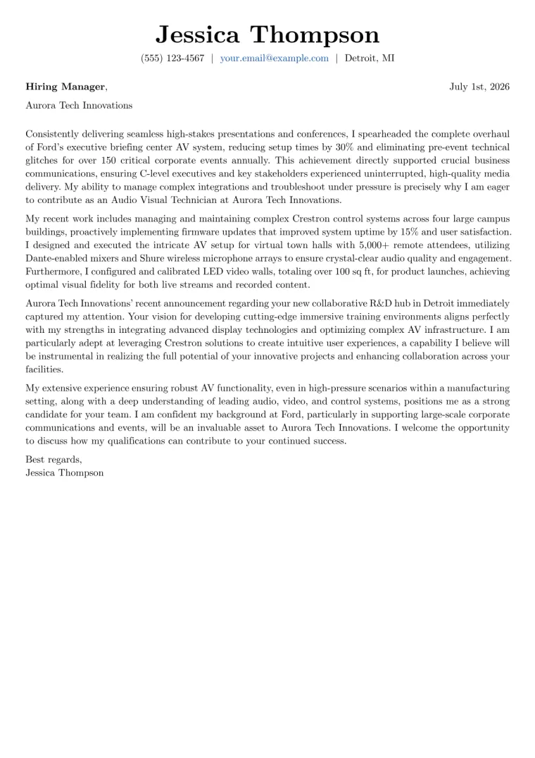 Audio Visual Technician Cover Letter Example