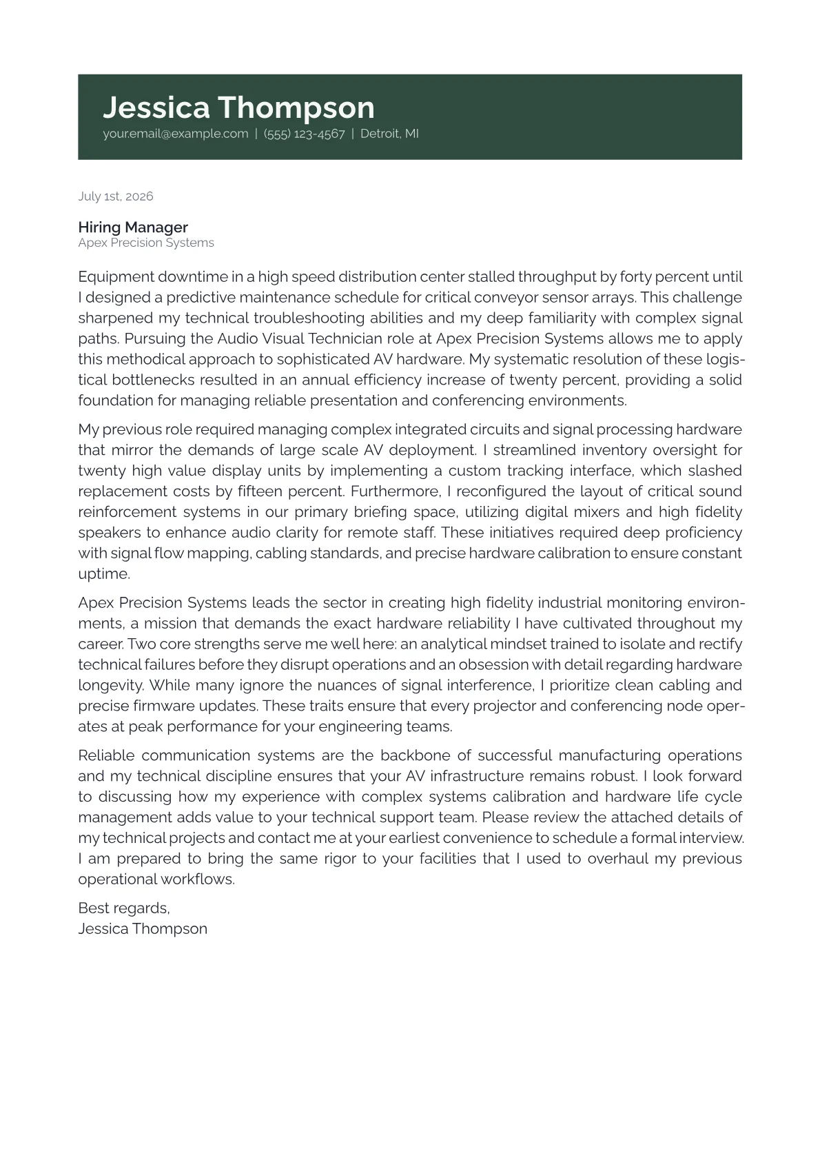 Audio Visual Technician cover letter in the Banner design