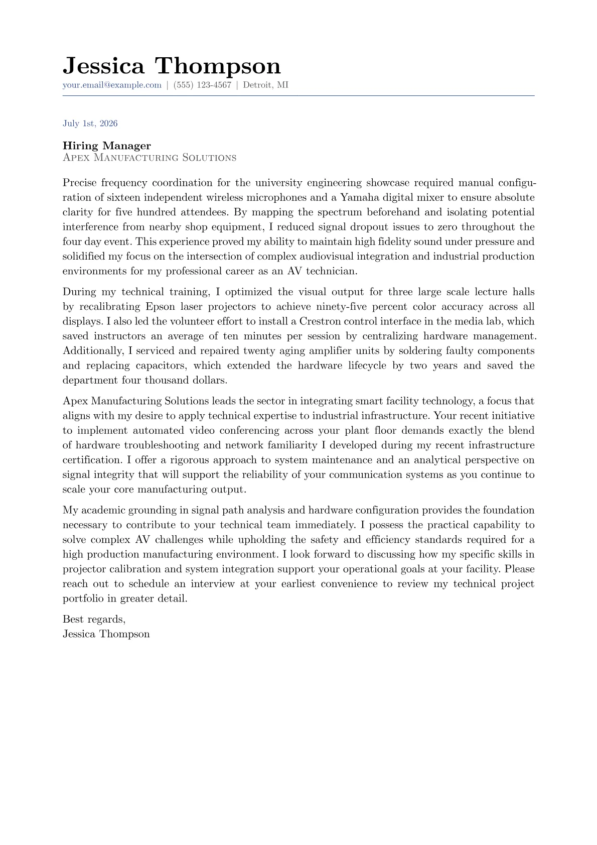 Audio Visual Technician cover letter in the Classic design