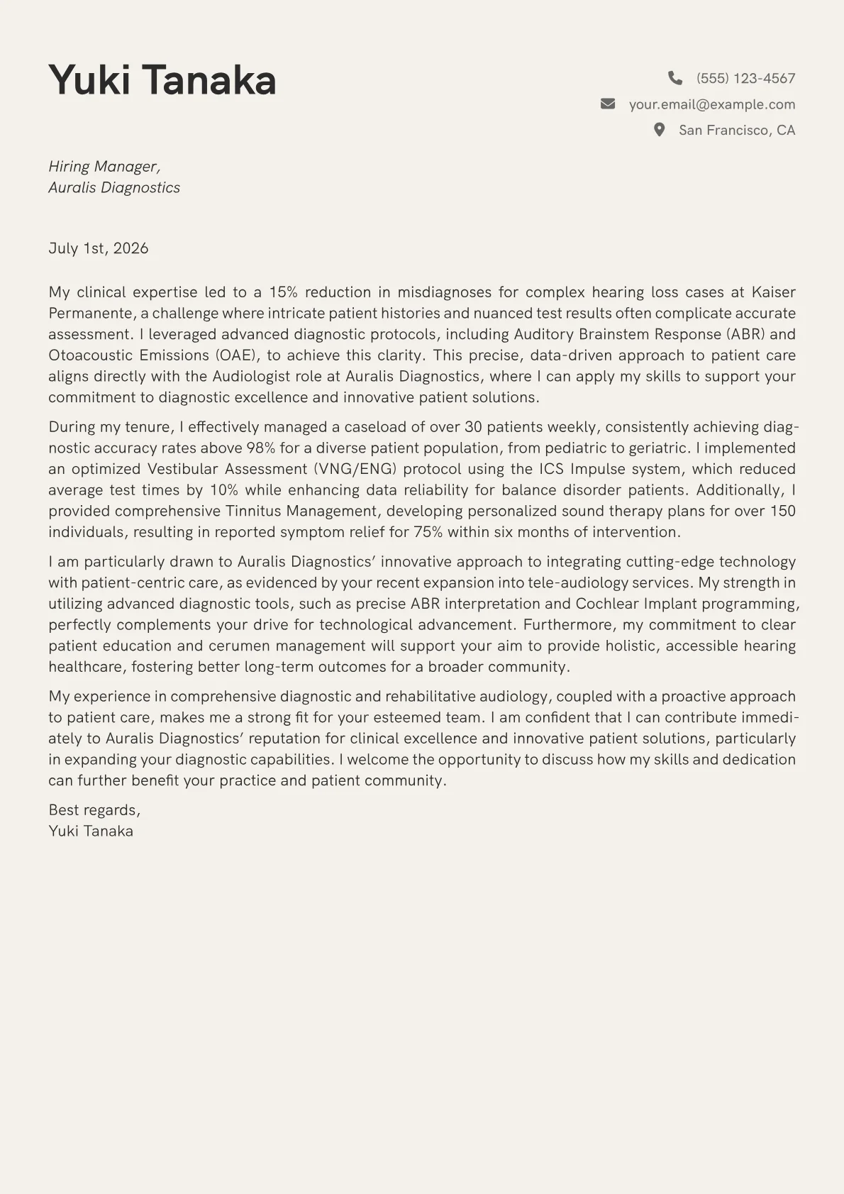 Audiologist cover letter formatted with a JobSprout template