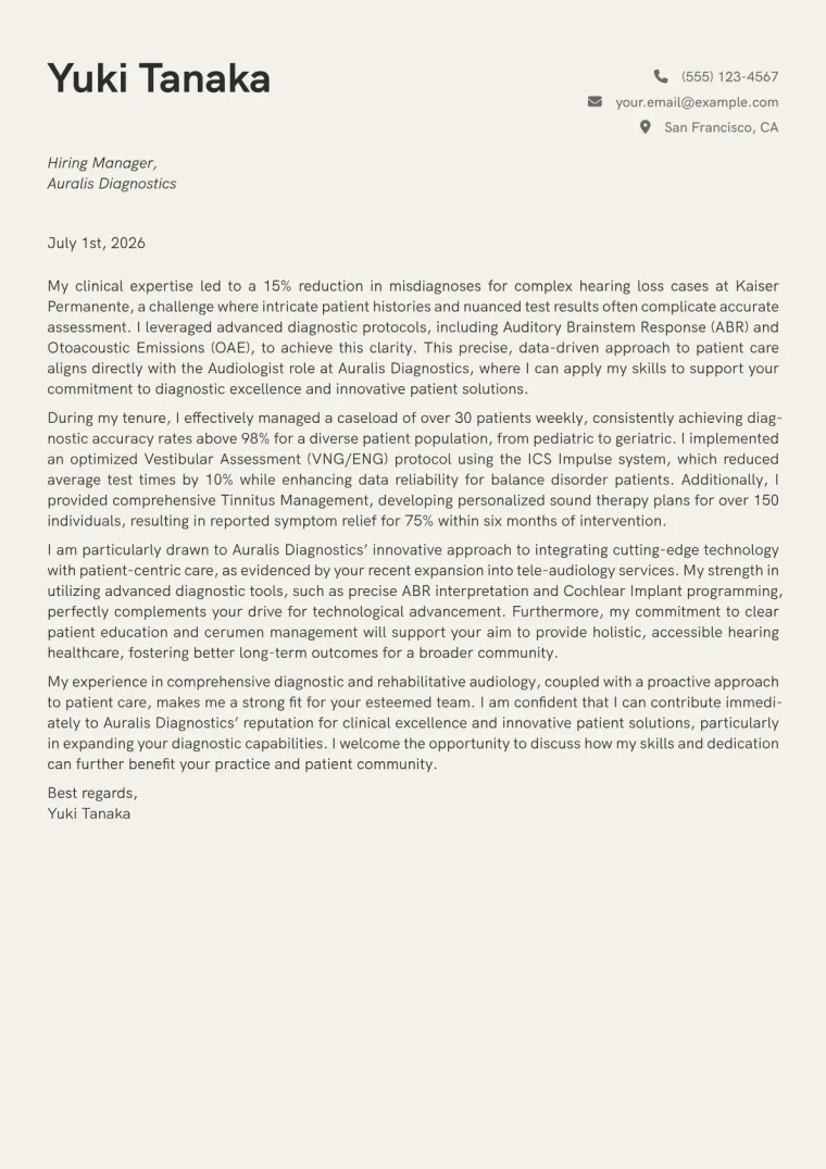 Audiologist Cover Letter Example