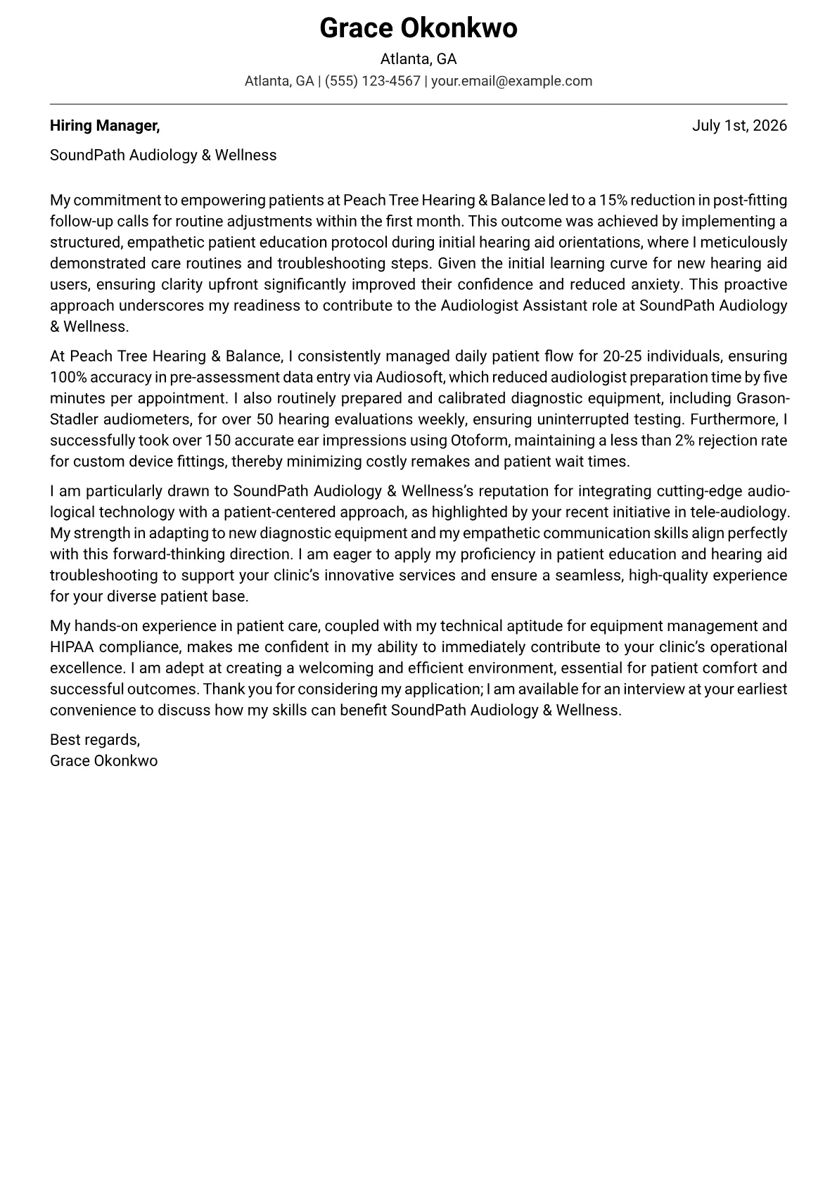 Audiologist Assistant cover letter formatted with a JobSprout template