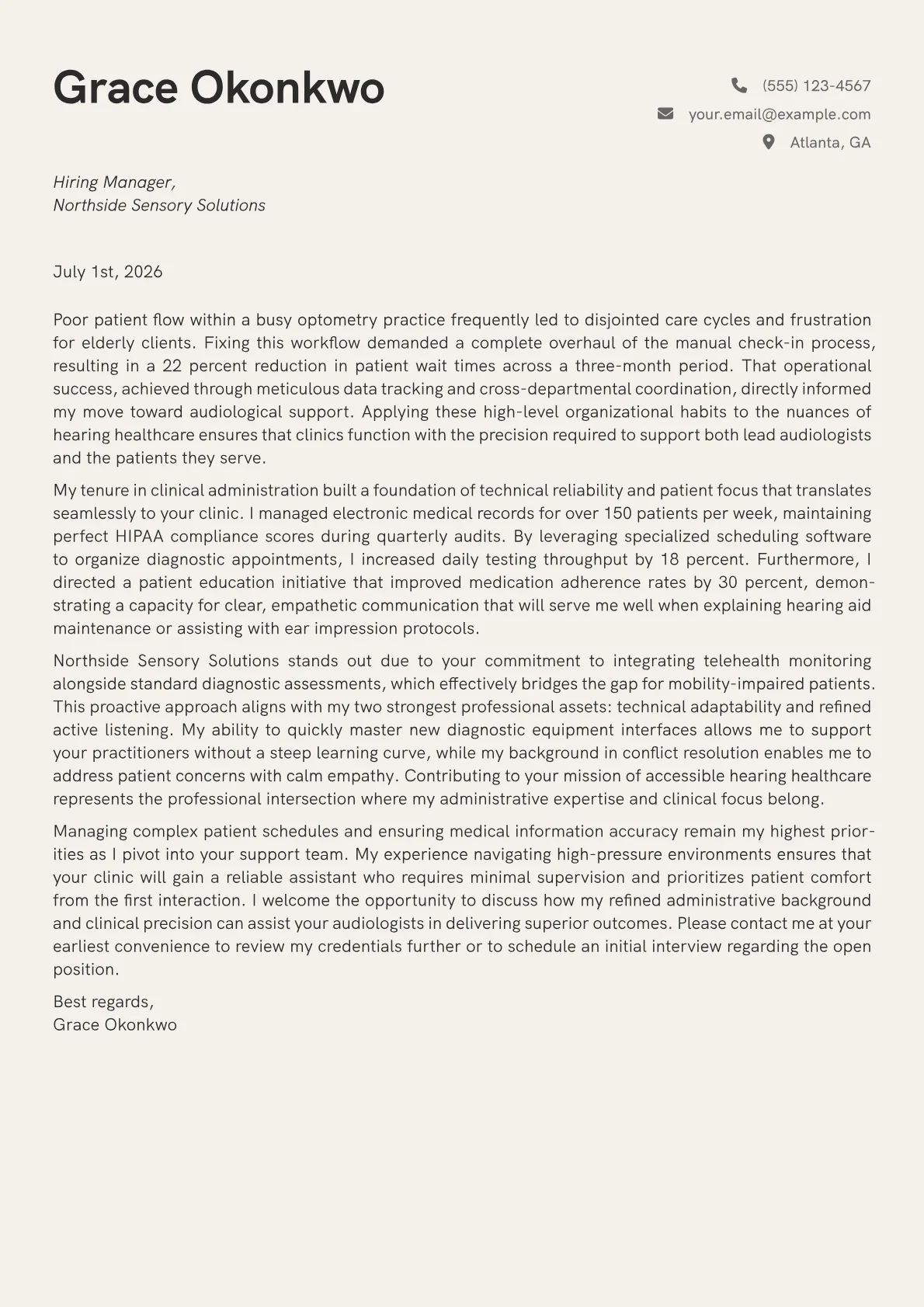 Audiologist Assistant cover letter in the Creative design