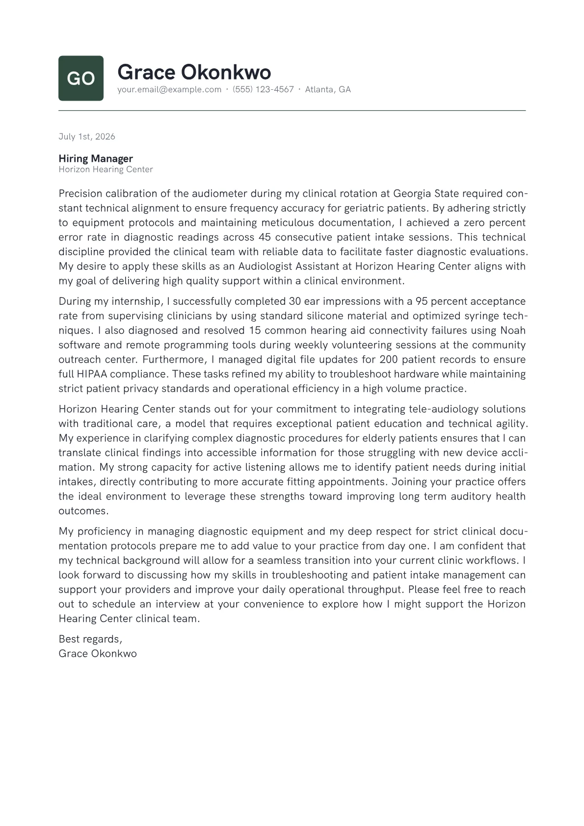 Audiologist Assistant cover letter in the Emblem design