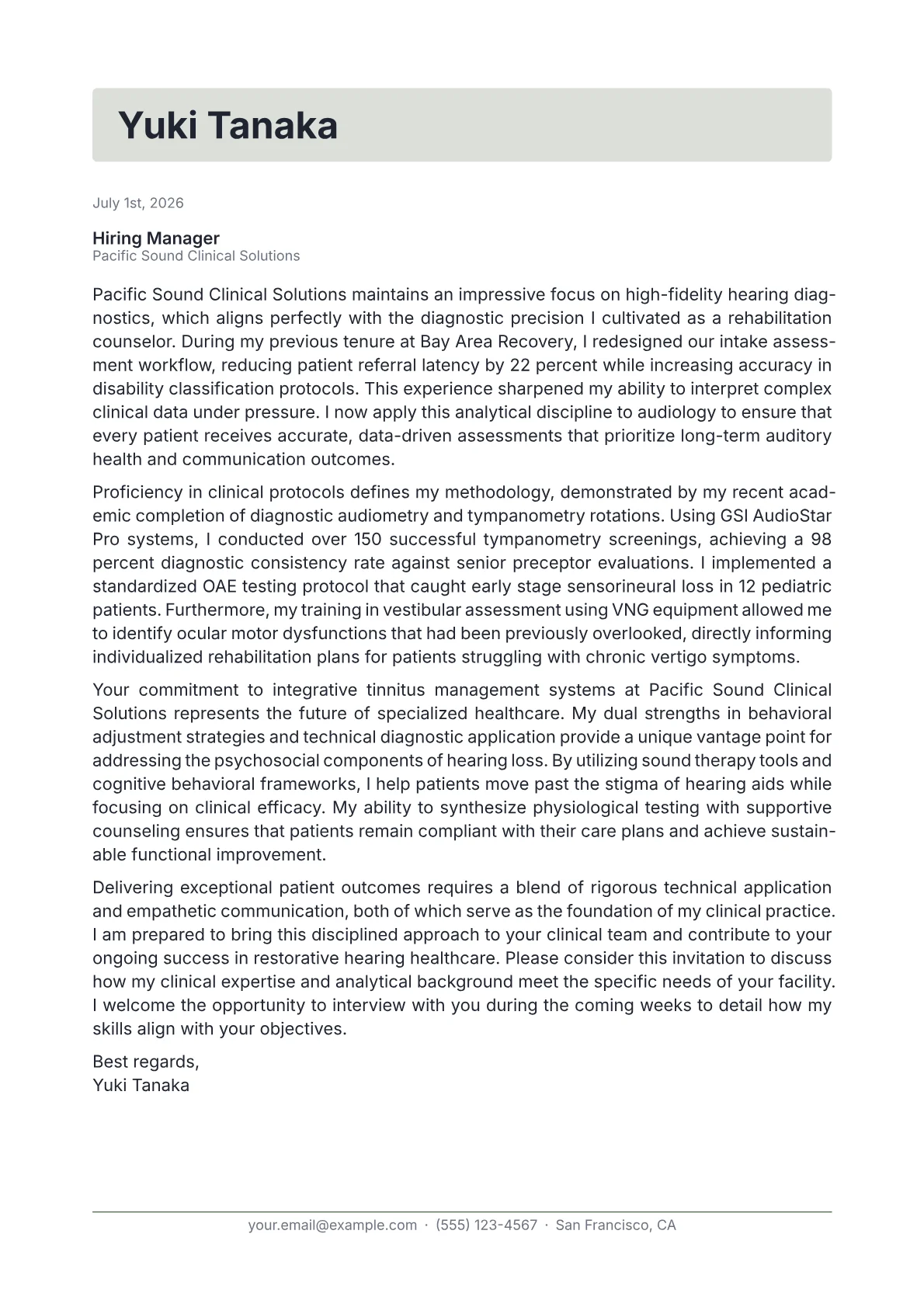 Audiologist cover letter in the Letterhead design