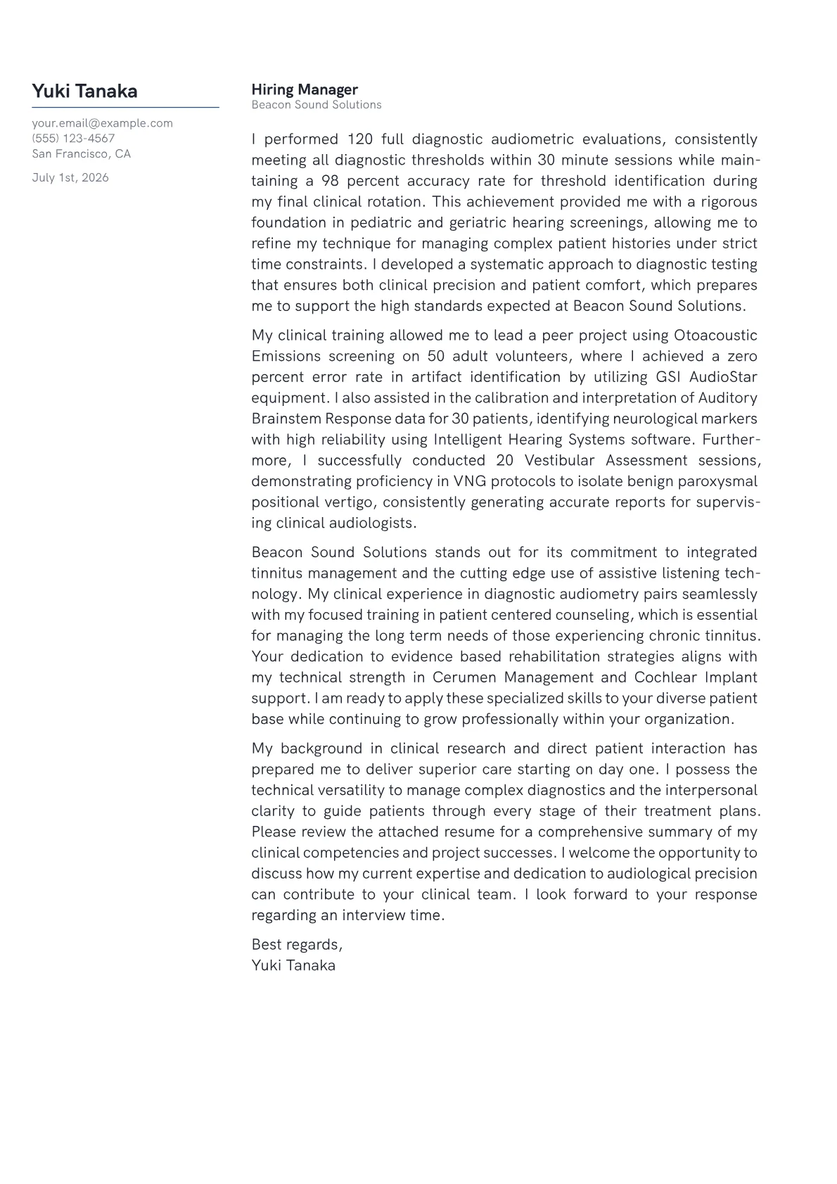 Audiologist cover letter in the Margin design
