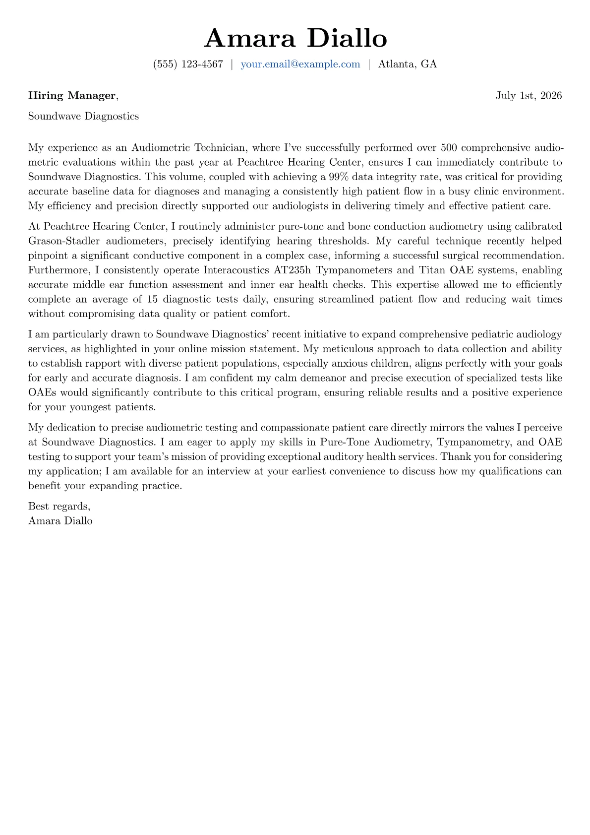 Audiometric Technician cover letter formatted with a JobSprout template