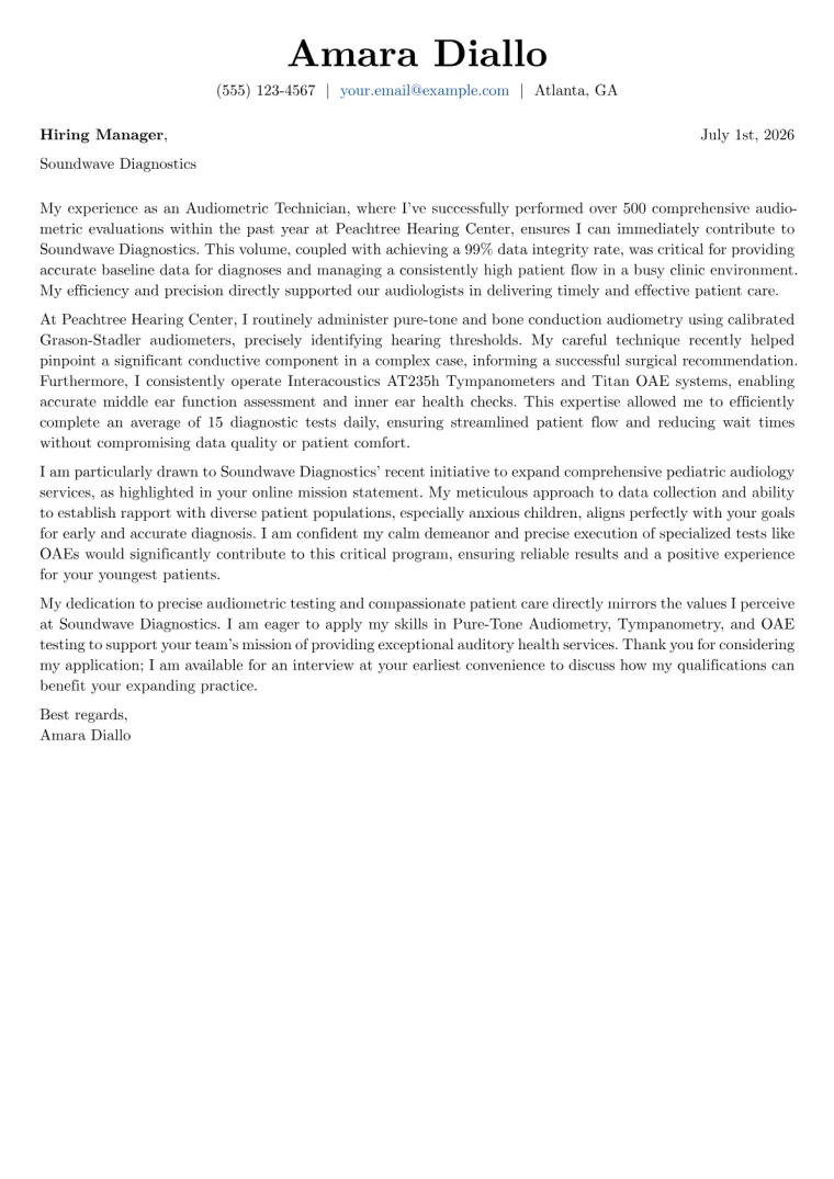 Audiometric Technician cover letter example preview