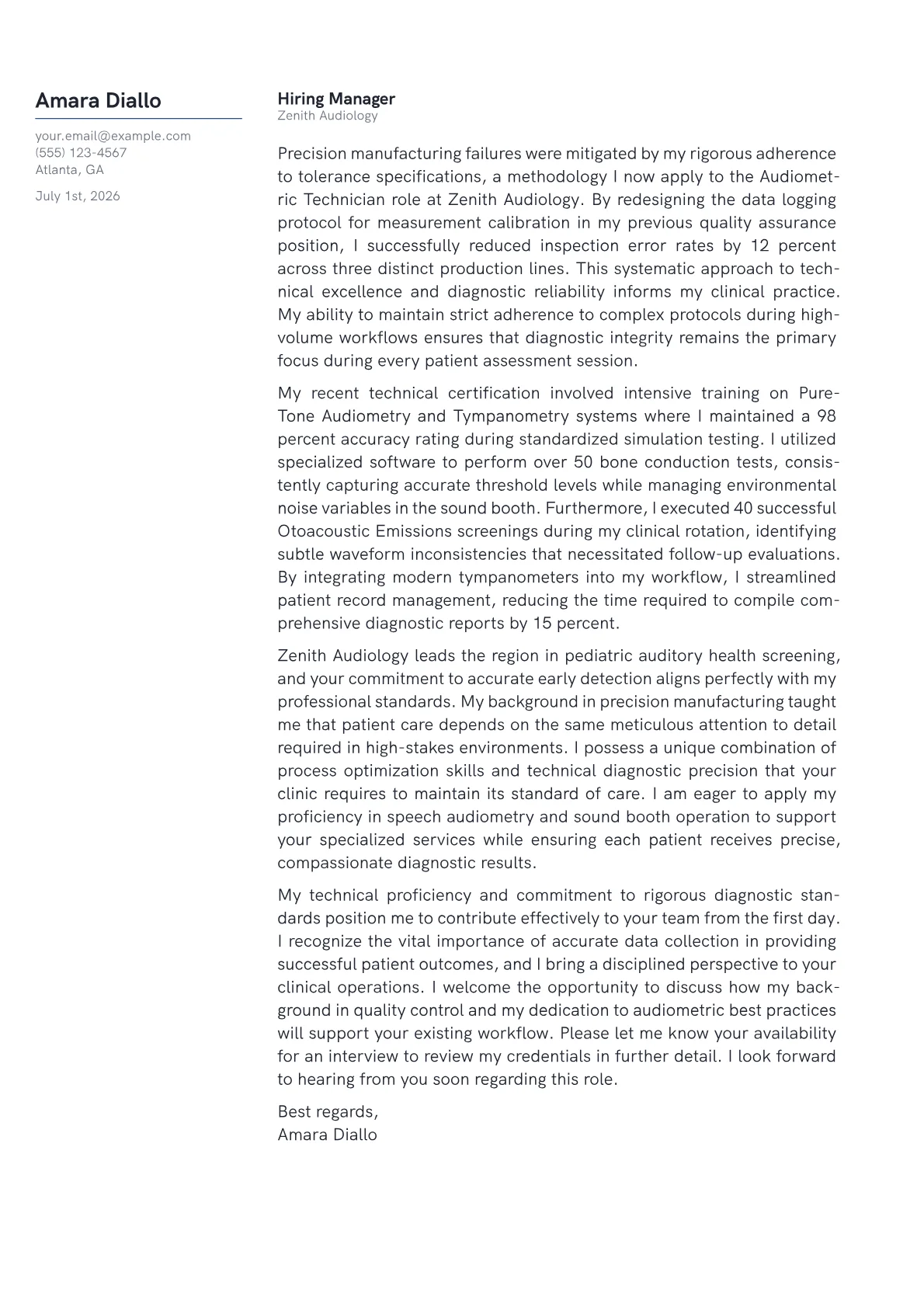 Audiometric Technician cover letter in the Margin design
