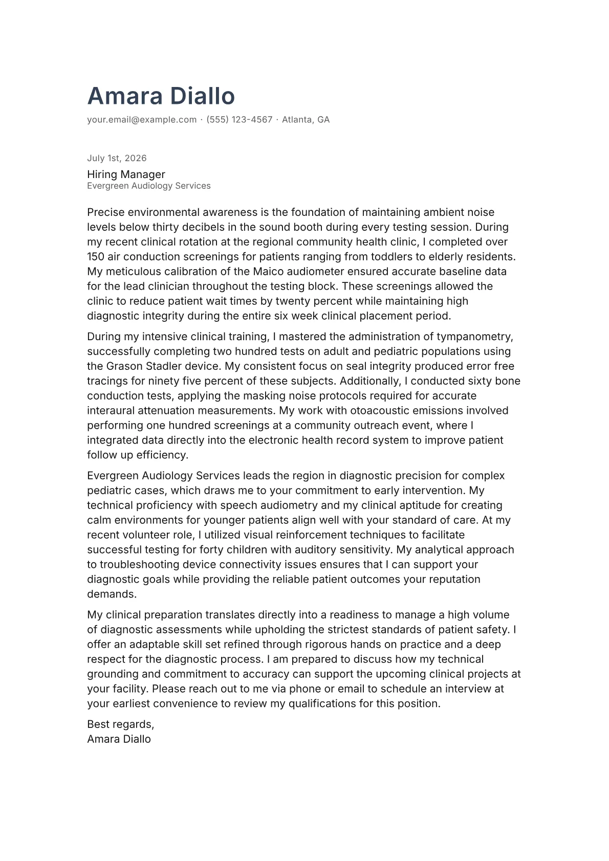 Audiometric Technician cover letter in the Minimal design