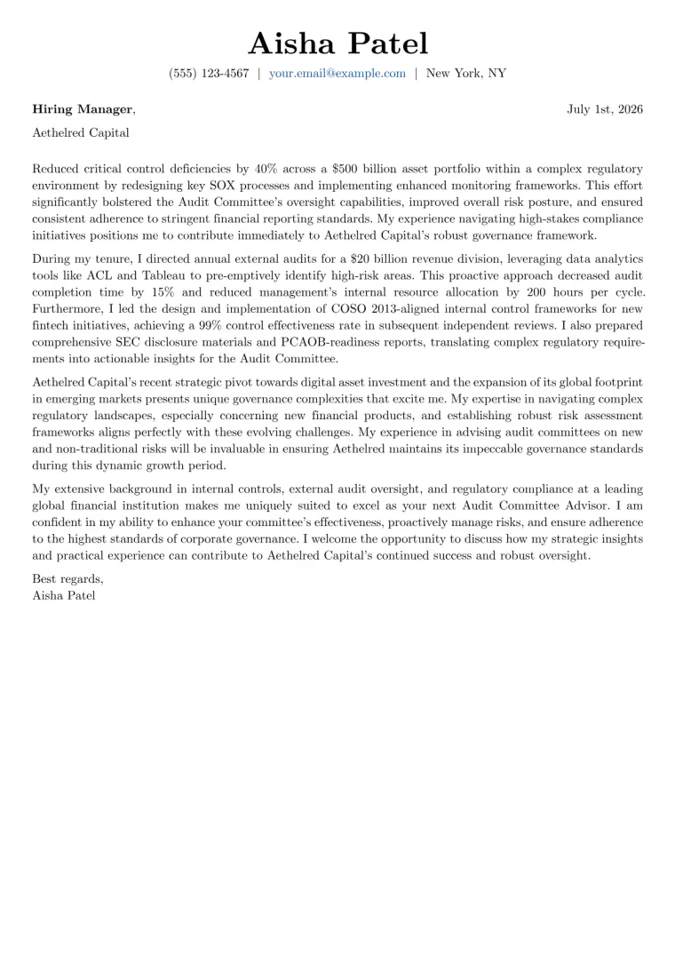Audit Committee Advisor cover letter example preview