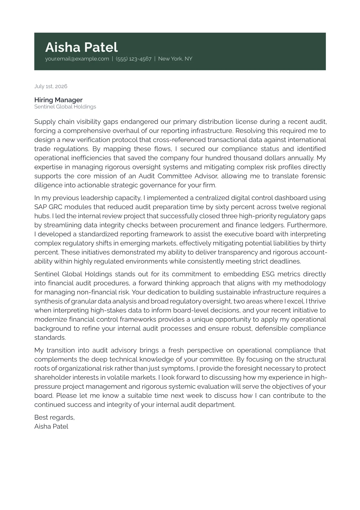 Audit Committee Advisor cover letter in the Banner design